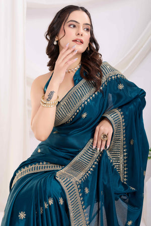 Teal Saree In Chinon Silk Featuring Delicate Floral Embroidery & Sparkling Sequins