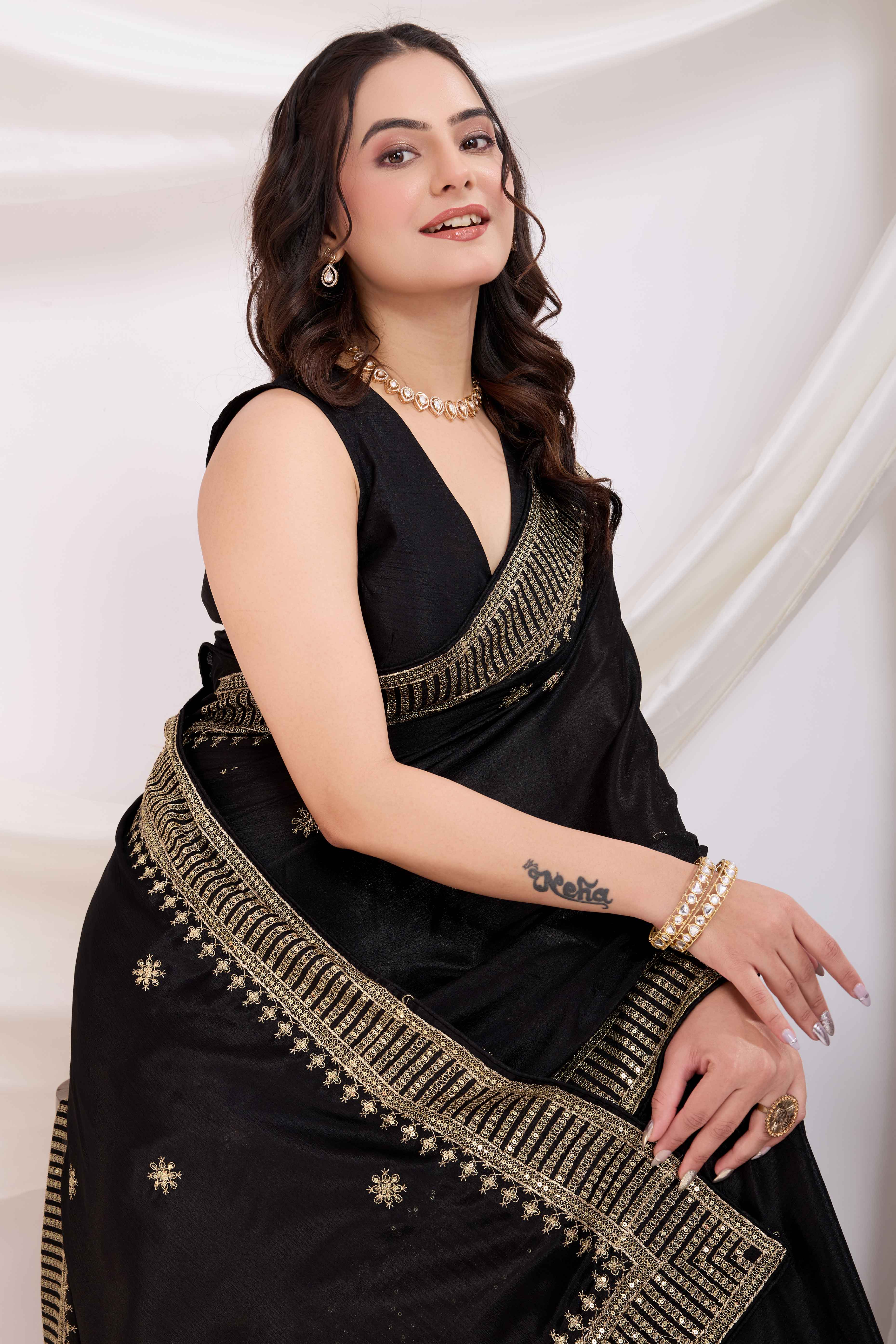 Black Saree In Chinon Silk Featuring Delicate Floral Embroidery & Sparkling Sequins