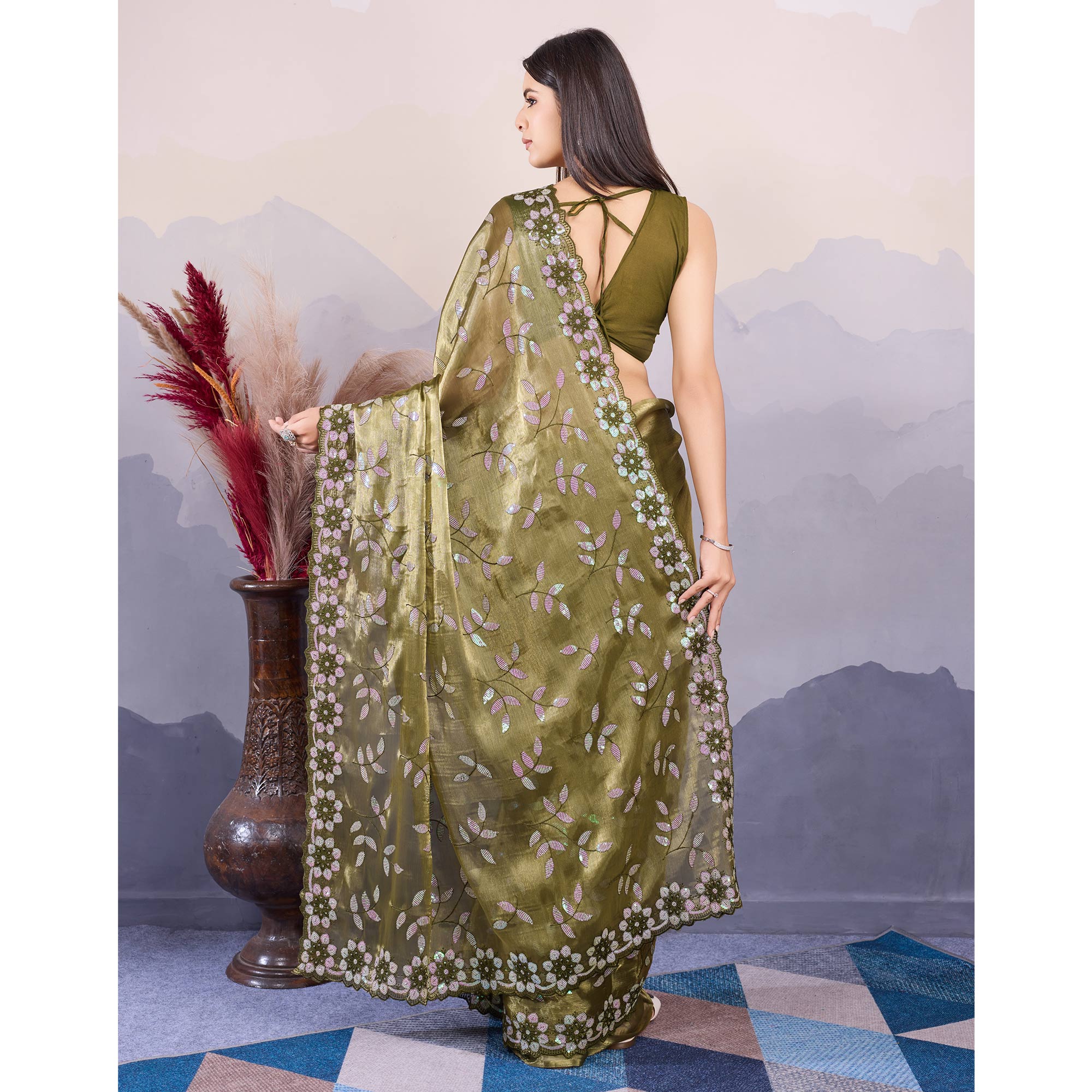 Mehandi Green Sequins Embroidered Art Silk Saree