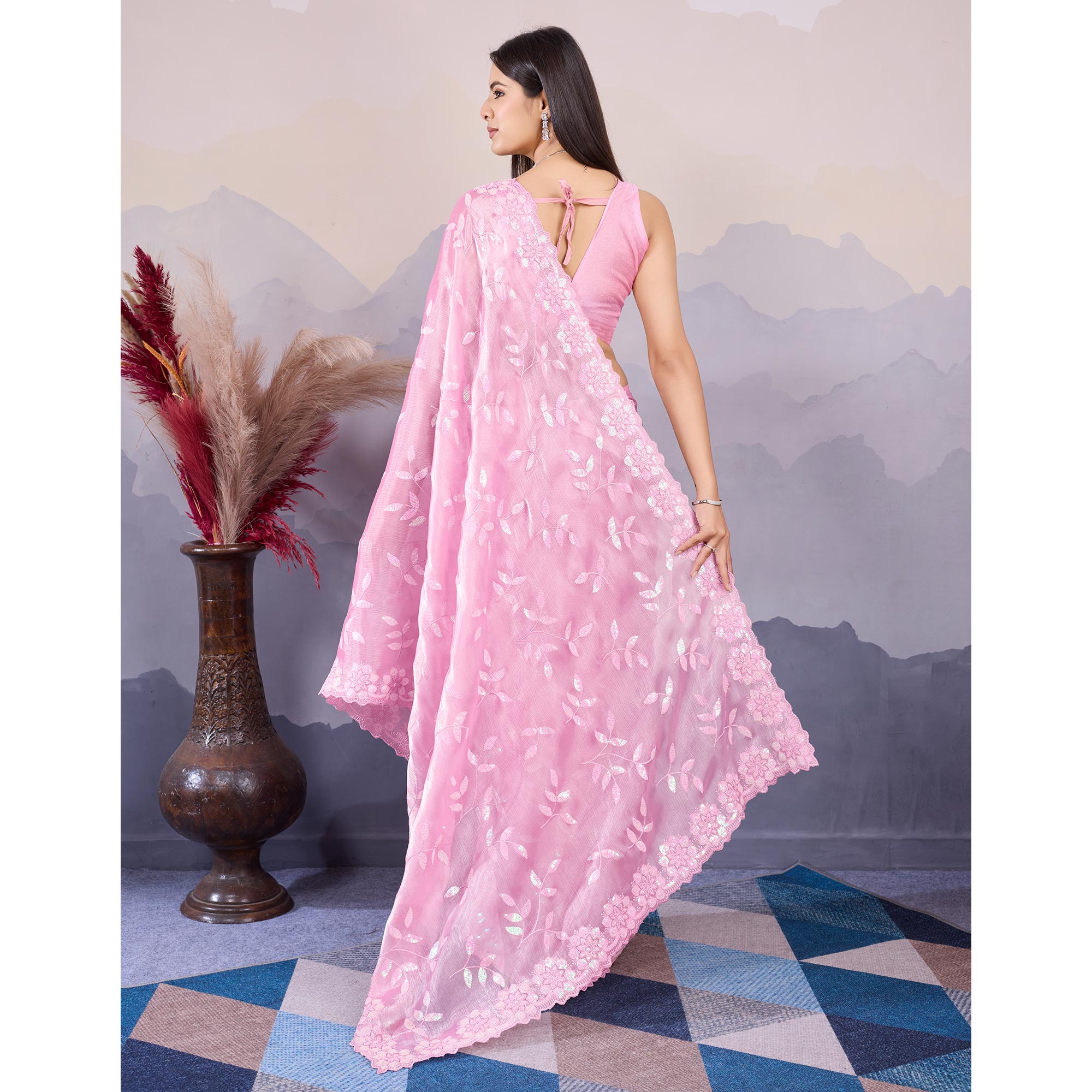 Pink Sequins Embroidered Art Silk Saree