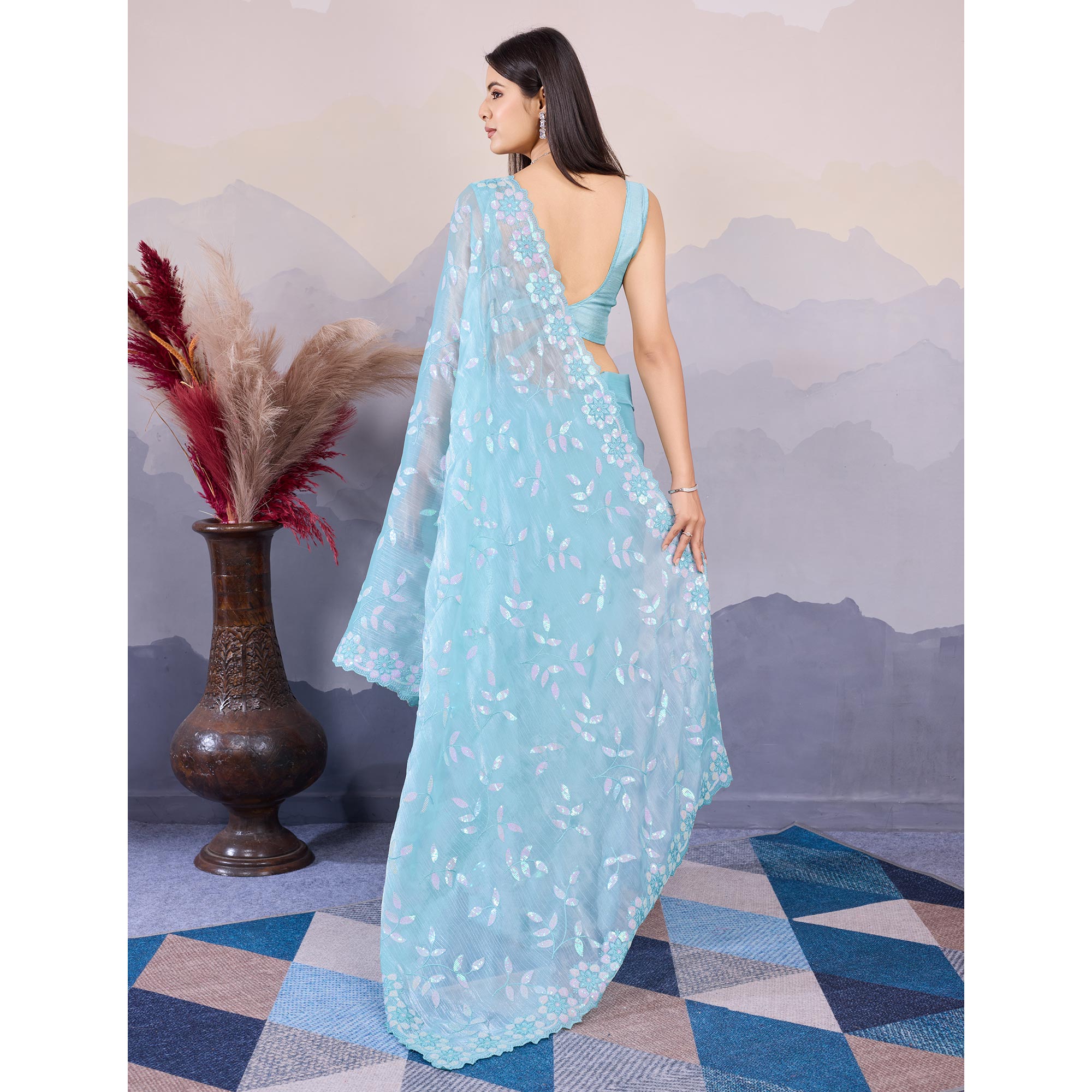 Sky Blue Sequins Embroidered Art Silk Saree