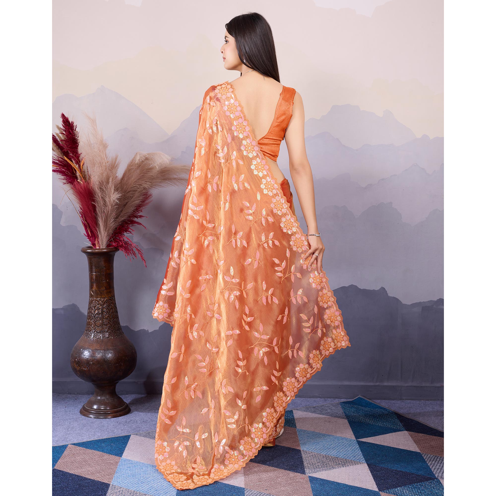 Burnt Orange Sequins Embroidered Art Silk Saree