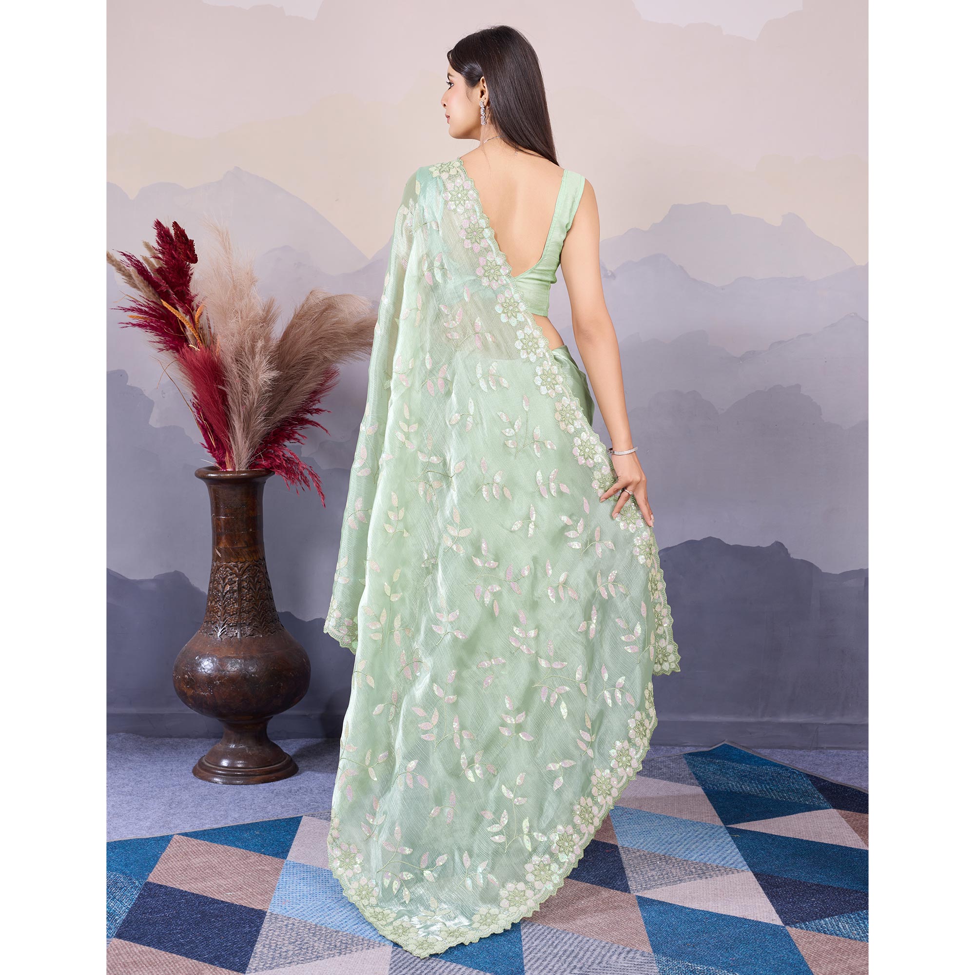 Mint Green Sequins Embroidered Art Silk Saree