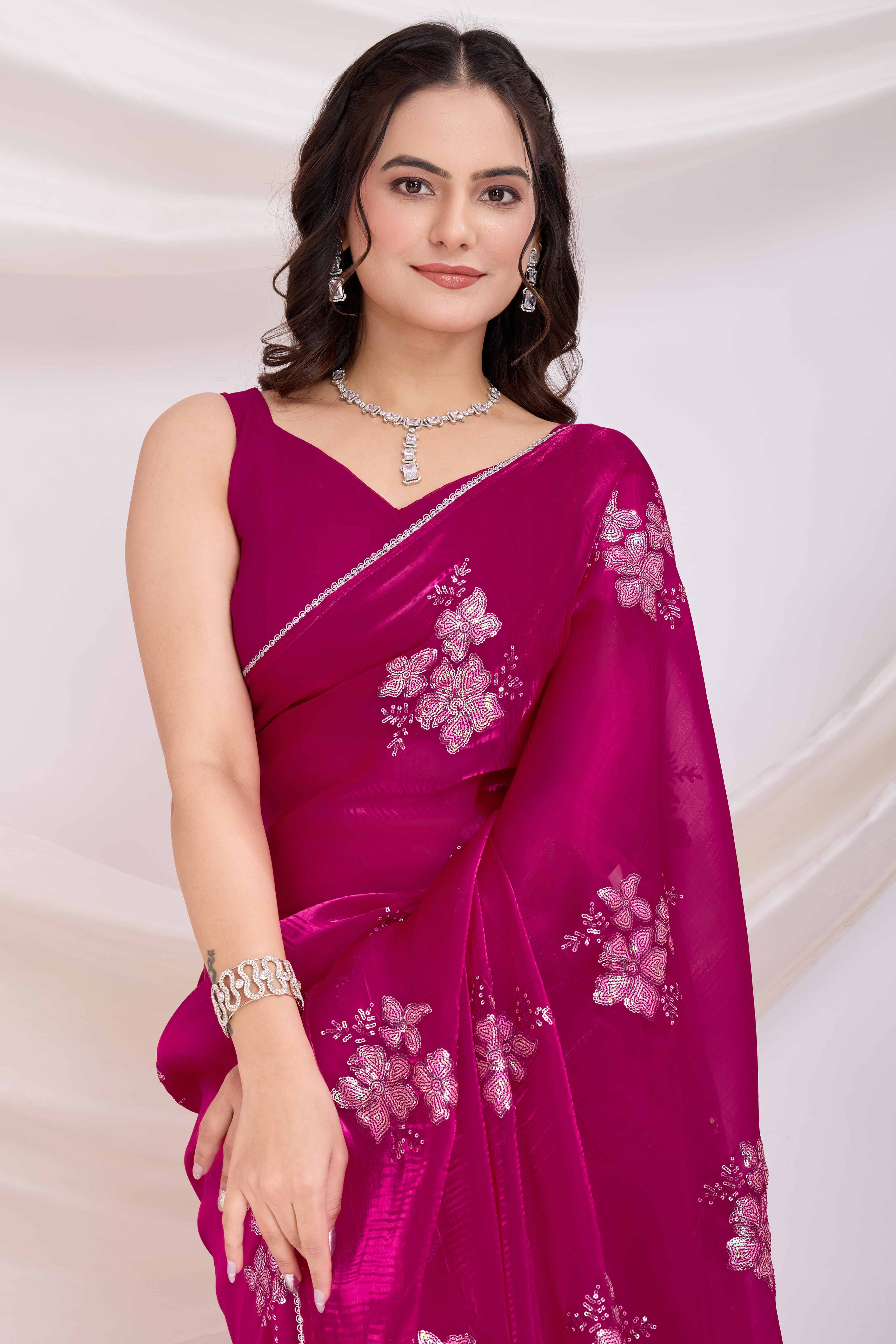 Rani Pink Saree With Exquisite Floral Sequins Embroidery On Luxe Jimmy Choo Silk Blend