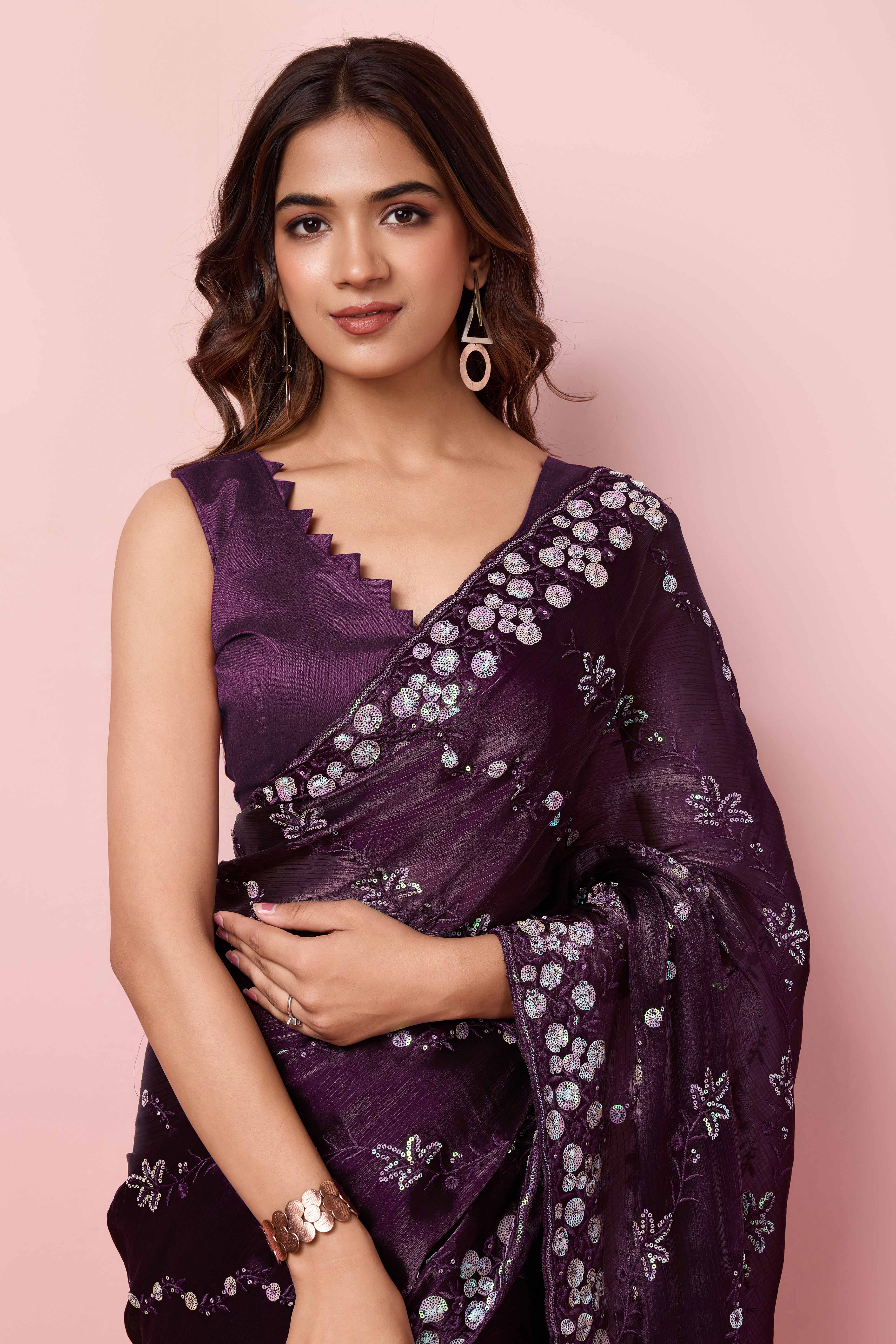 Wine Floral Sequins Embroidered Burberry Silk Saree