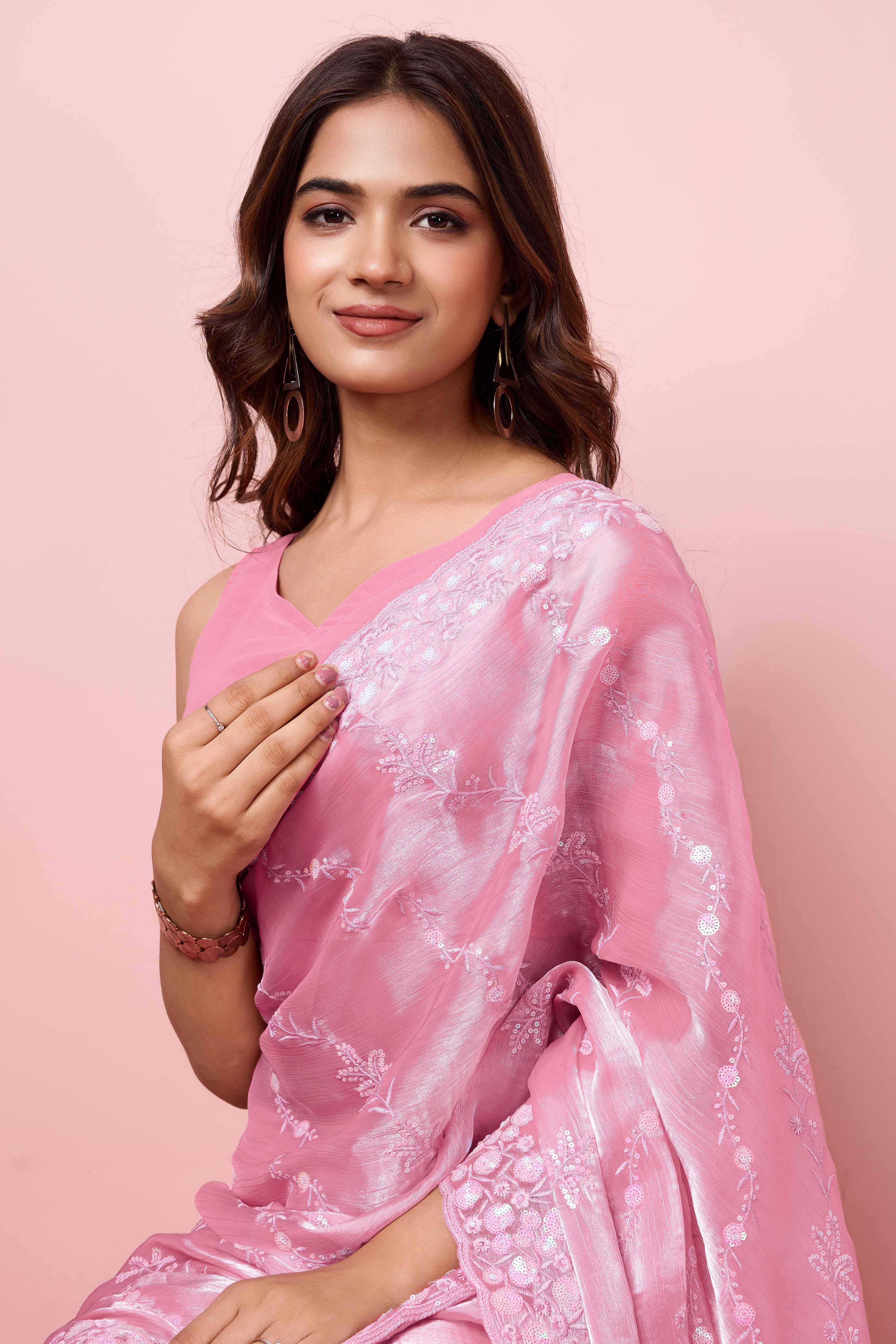 Pink Floral Sequins Embroidered Burberry Silk Saree