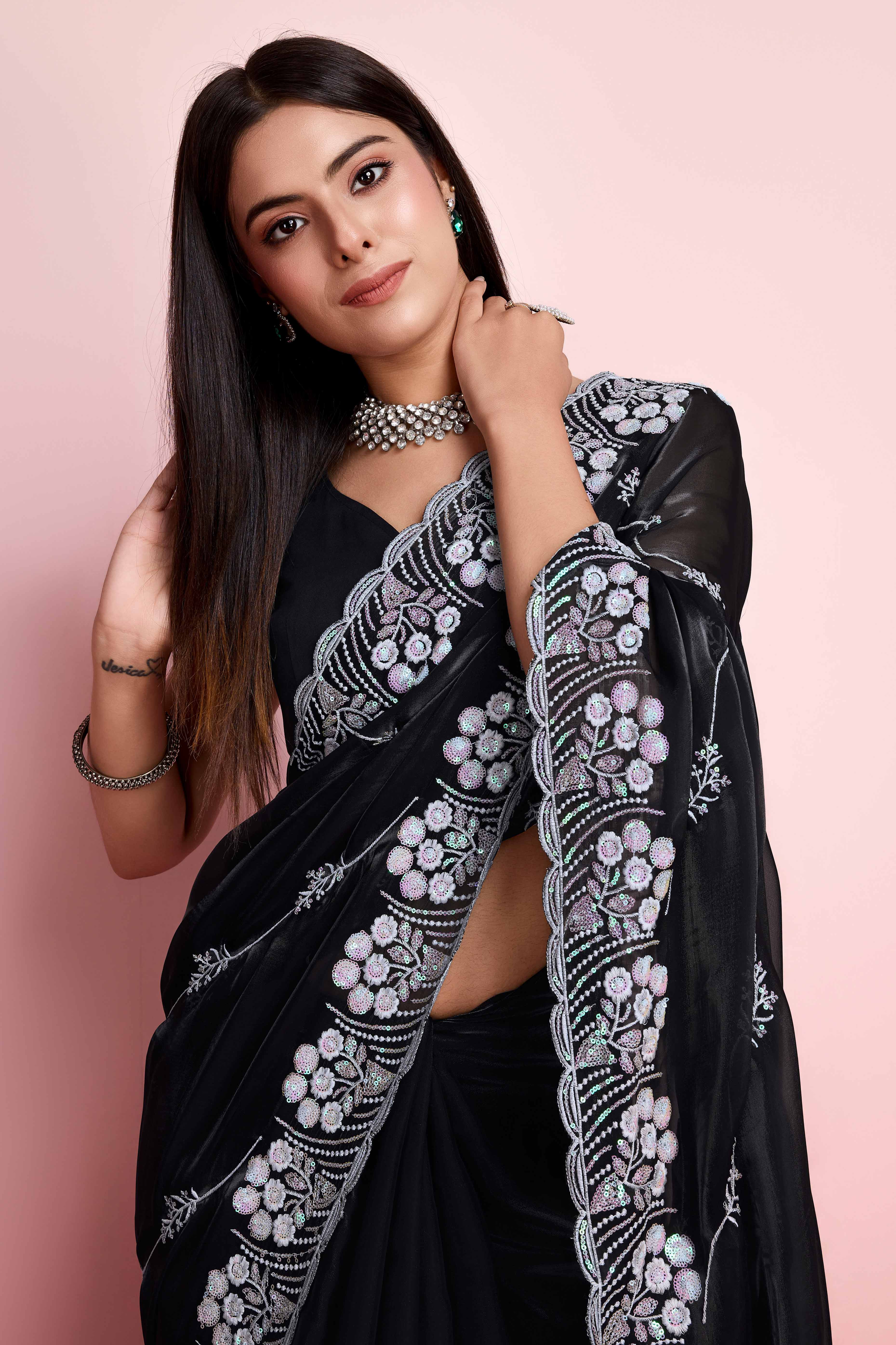 Black Floral Sequins Embroidered Jimmy Choo Tissue Saree
