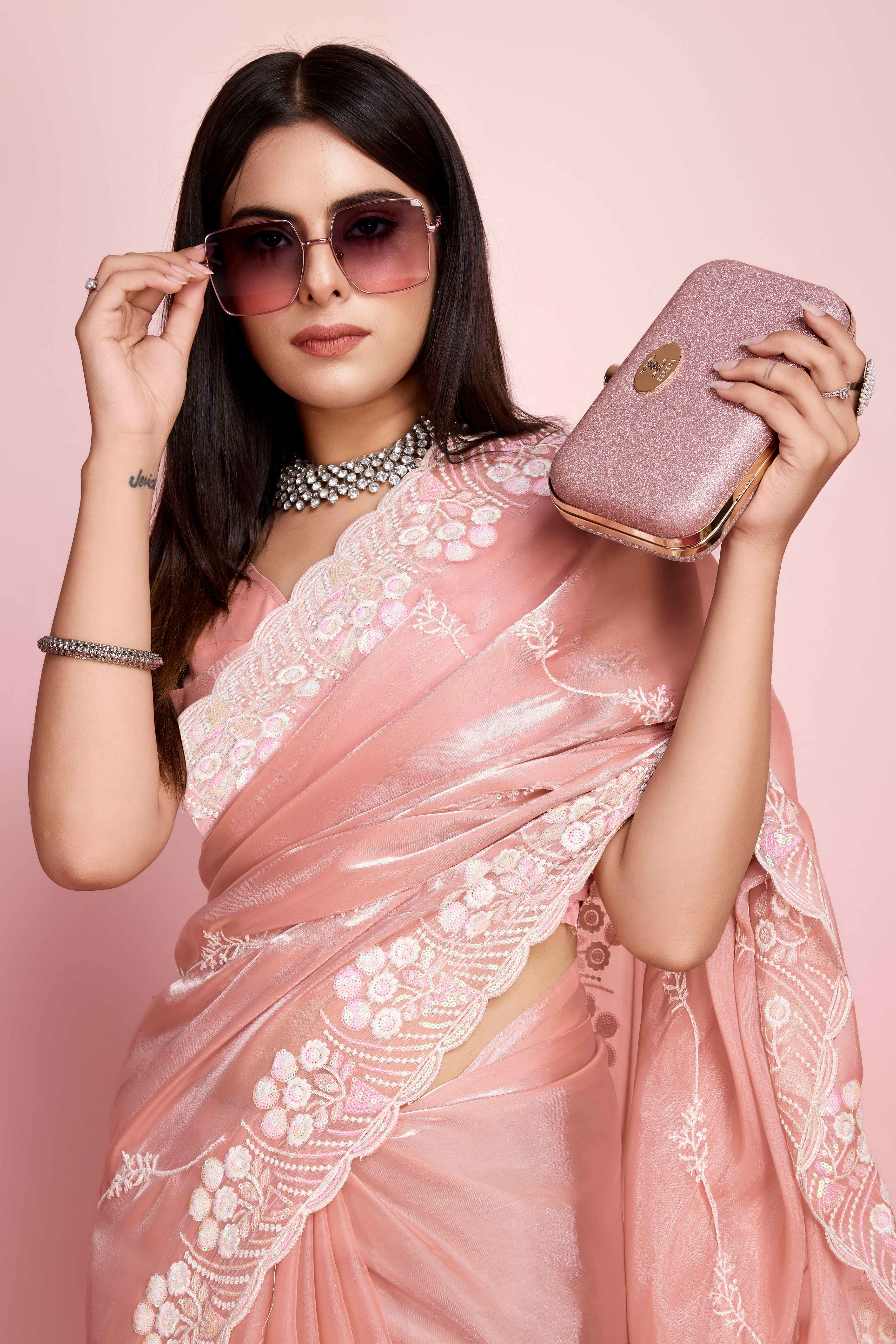 Peach Floral Sequins Embroidered Jimmy Choo Tissue Saree