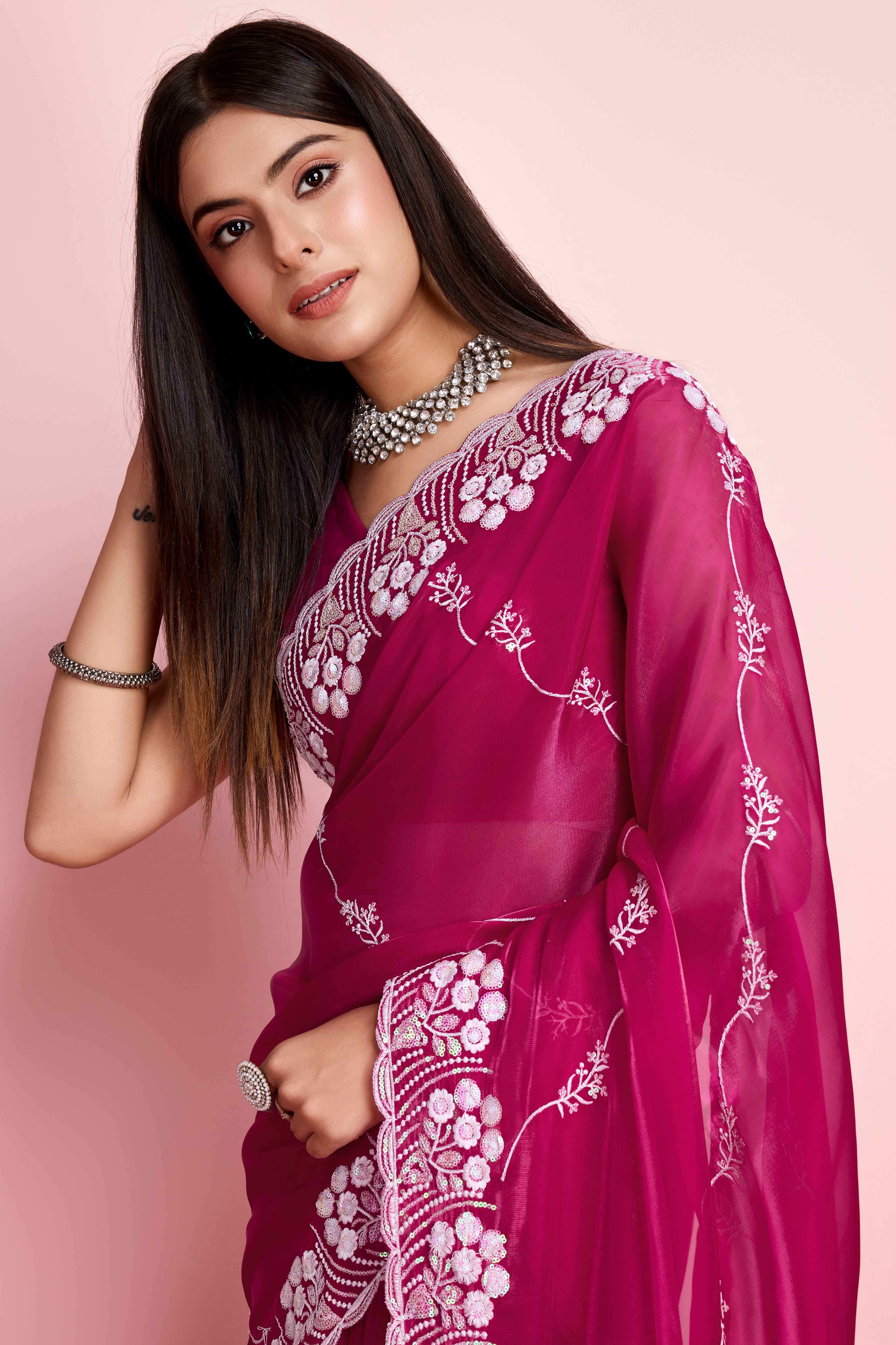 Rani Pink Floral Sequins Embroidered Jimmy Choo Tissue Saree