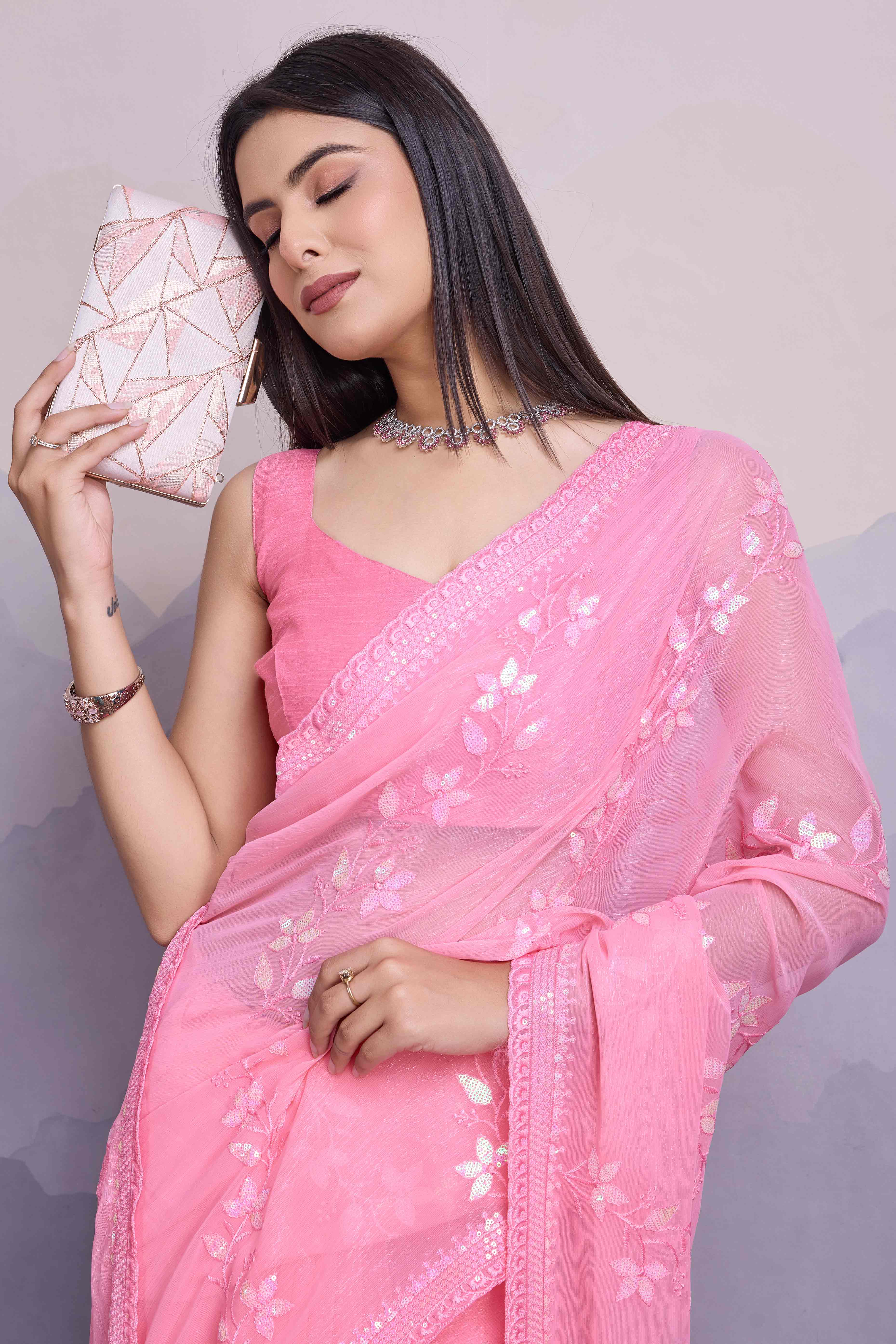 Pink Floral Sequins Embroidered Chiffon Saree