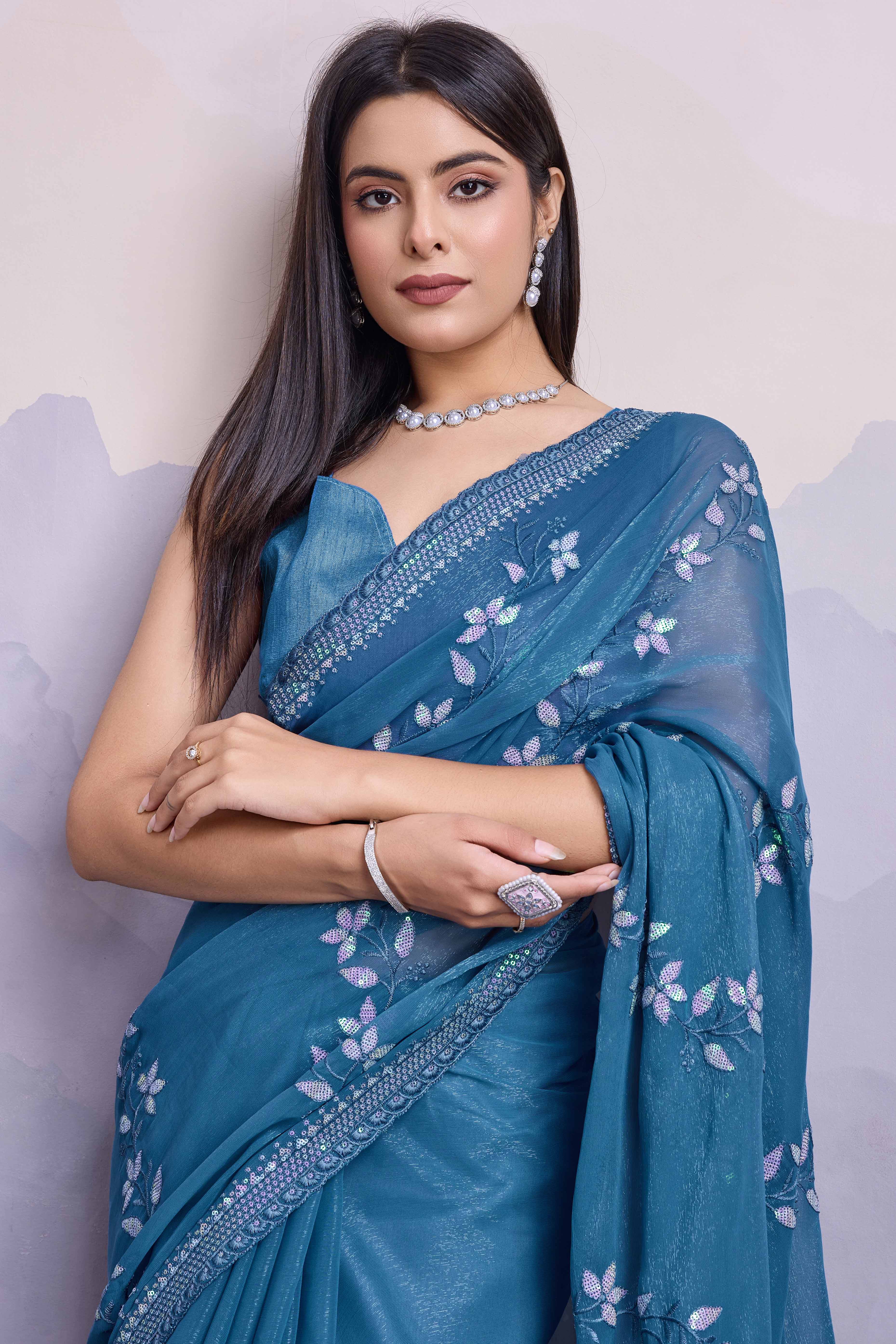 Blue Floral Sequins Embroidered Chiffon Saree