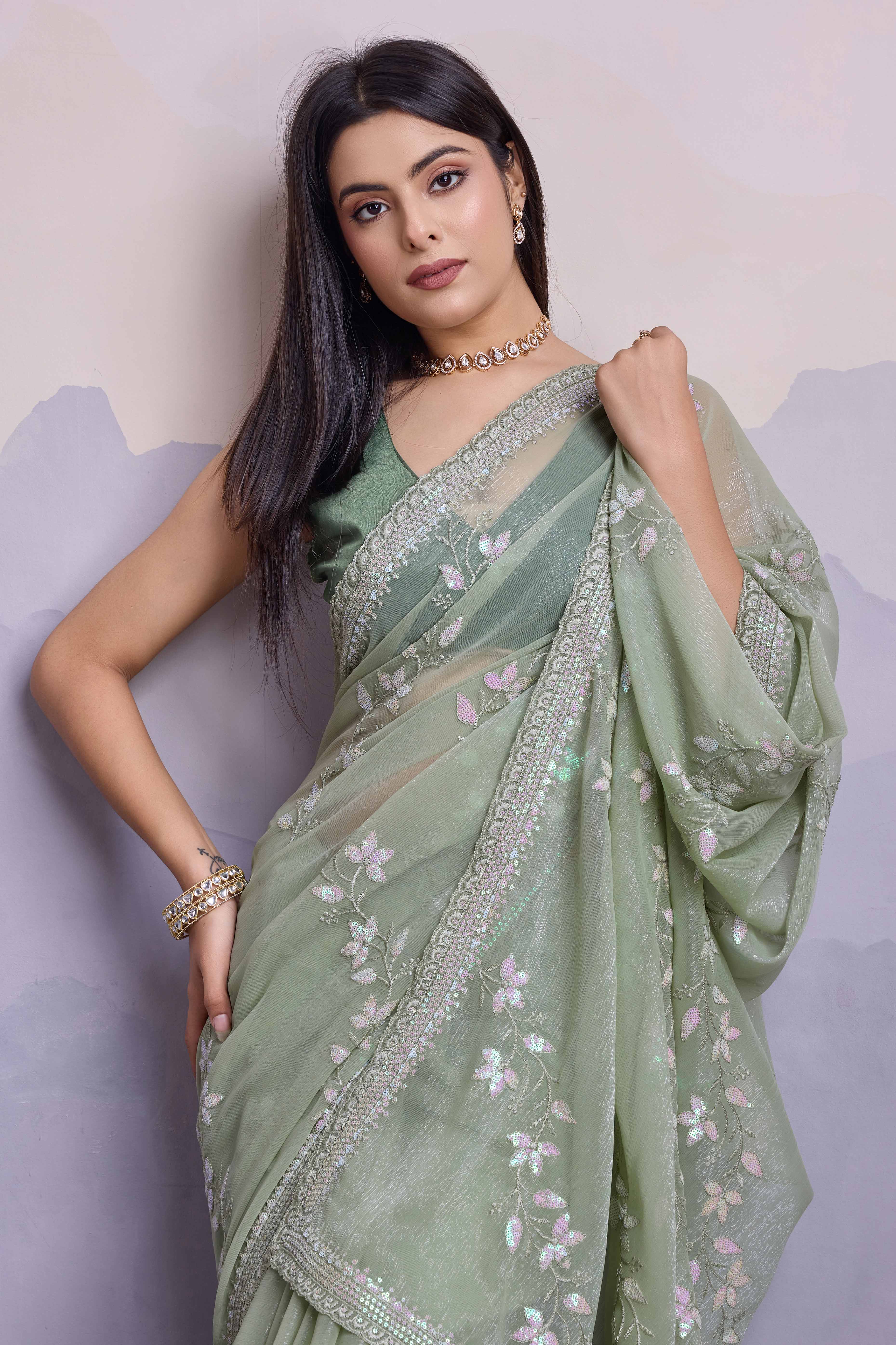 Green Floral Sequins Embroidered Chiffon Saree