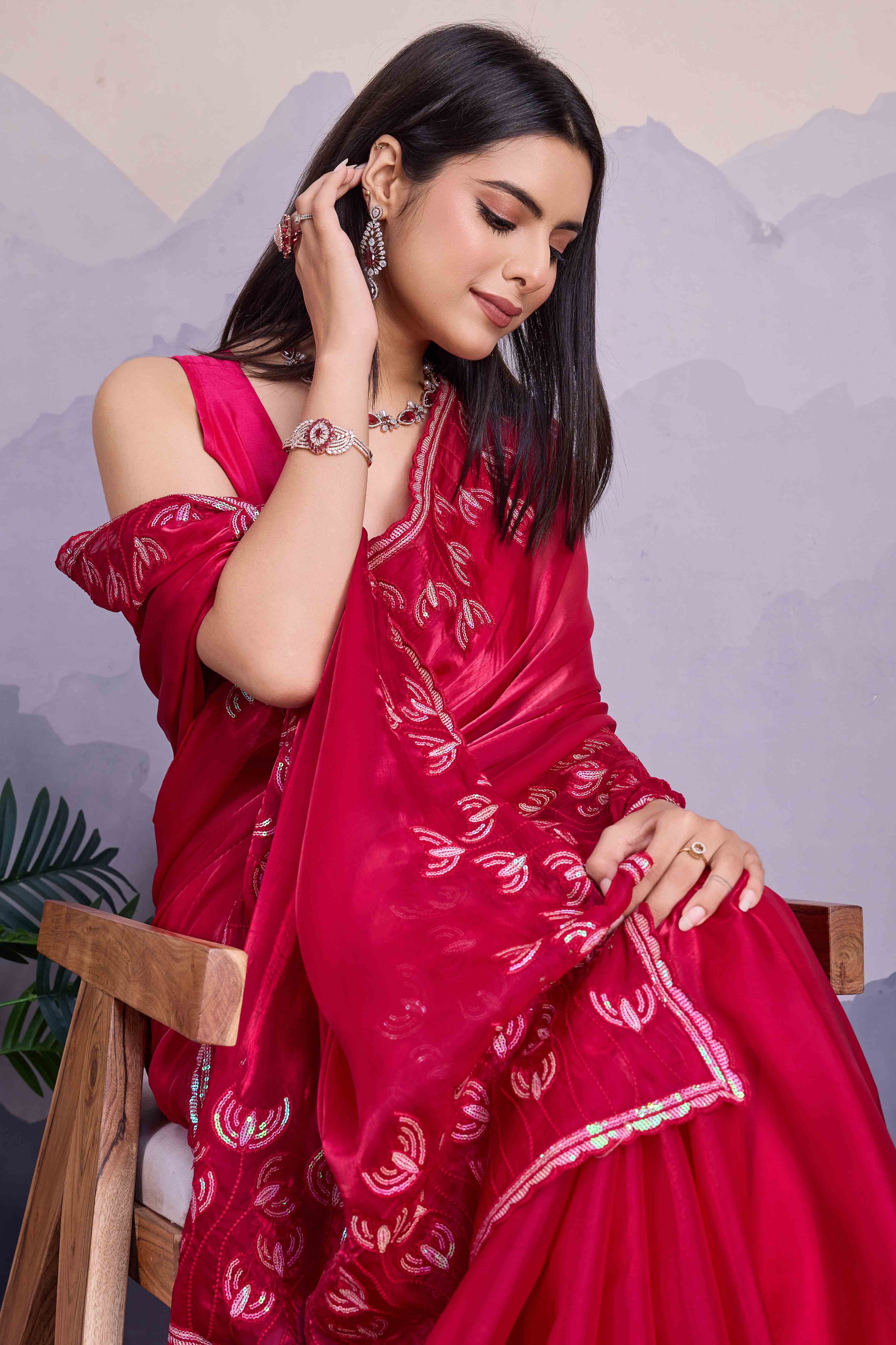 Pink Floral Sequins Embroidered Jimmi Choo Zoya Silk Saree