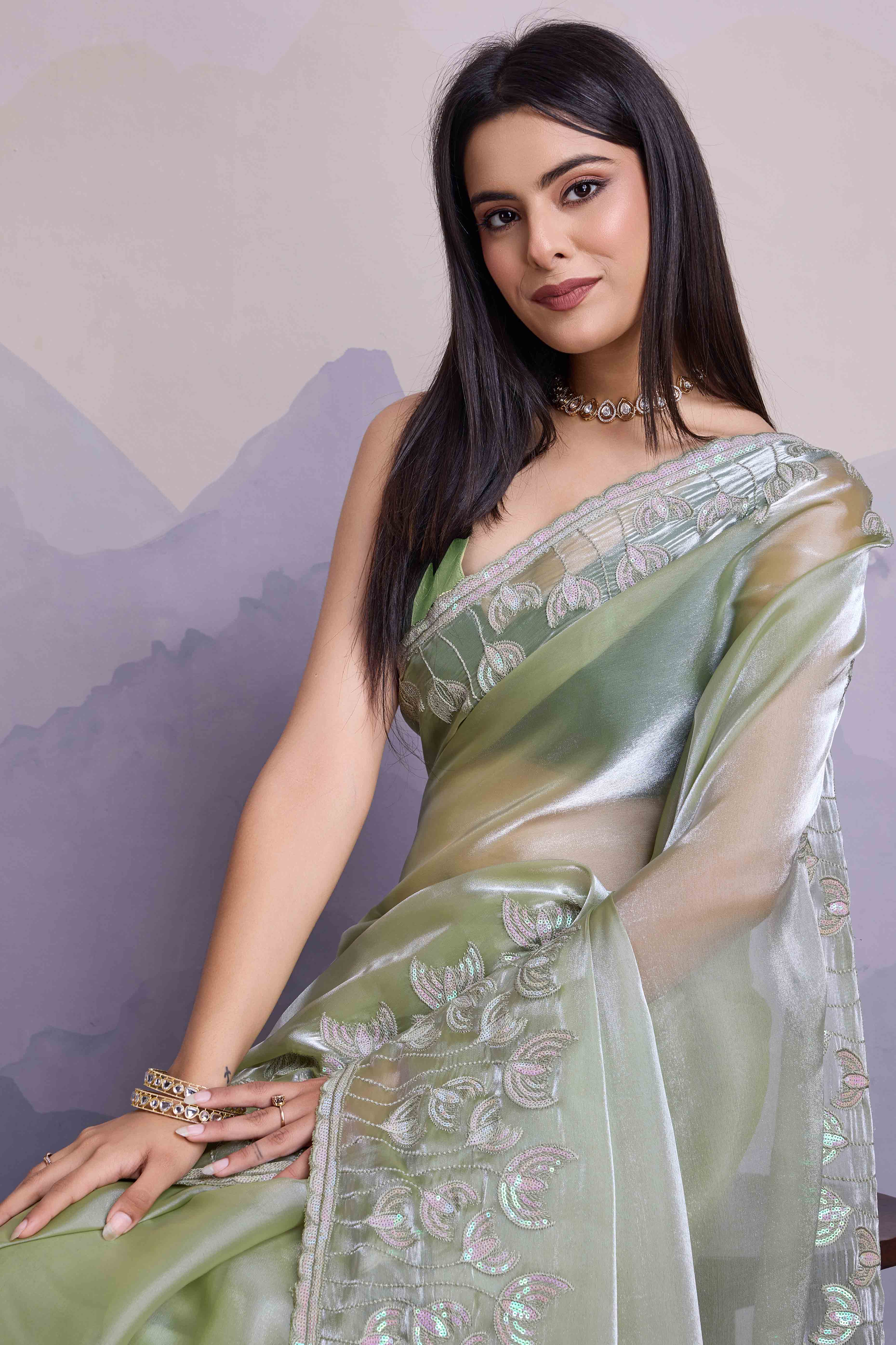 Green Floral Sequins Embroidered Jimmi Choo Zoya Silk Saree