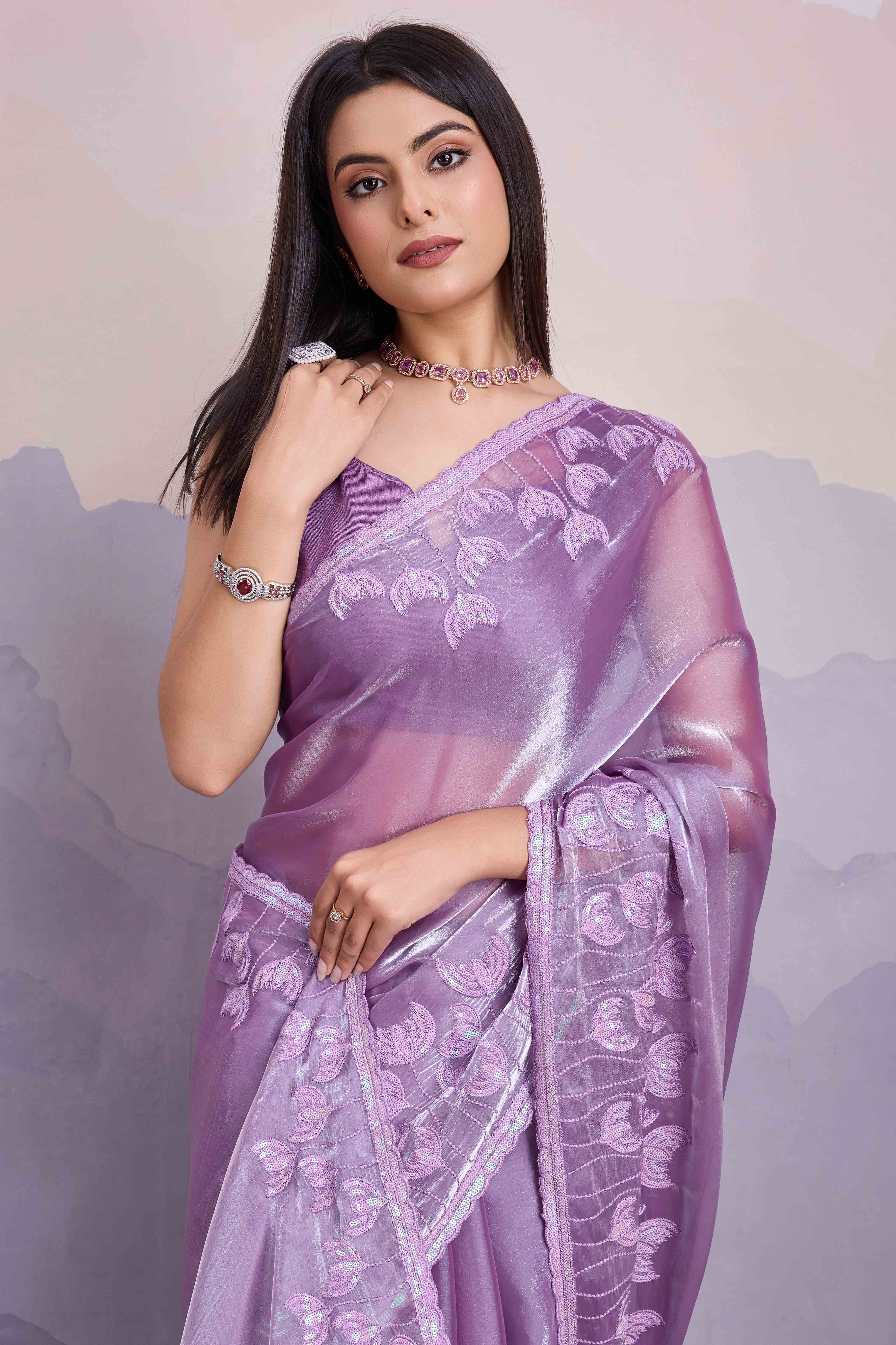 Lavender Floral Sequins Embroidered Jimmi Choo Zoya Silk Saree