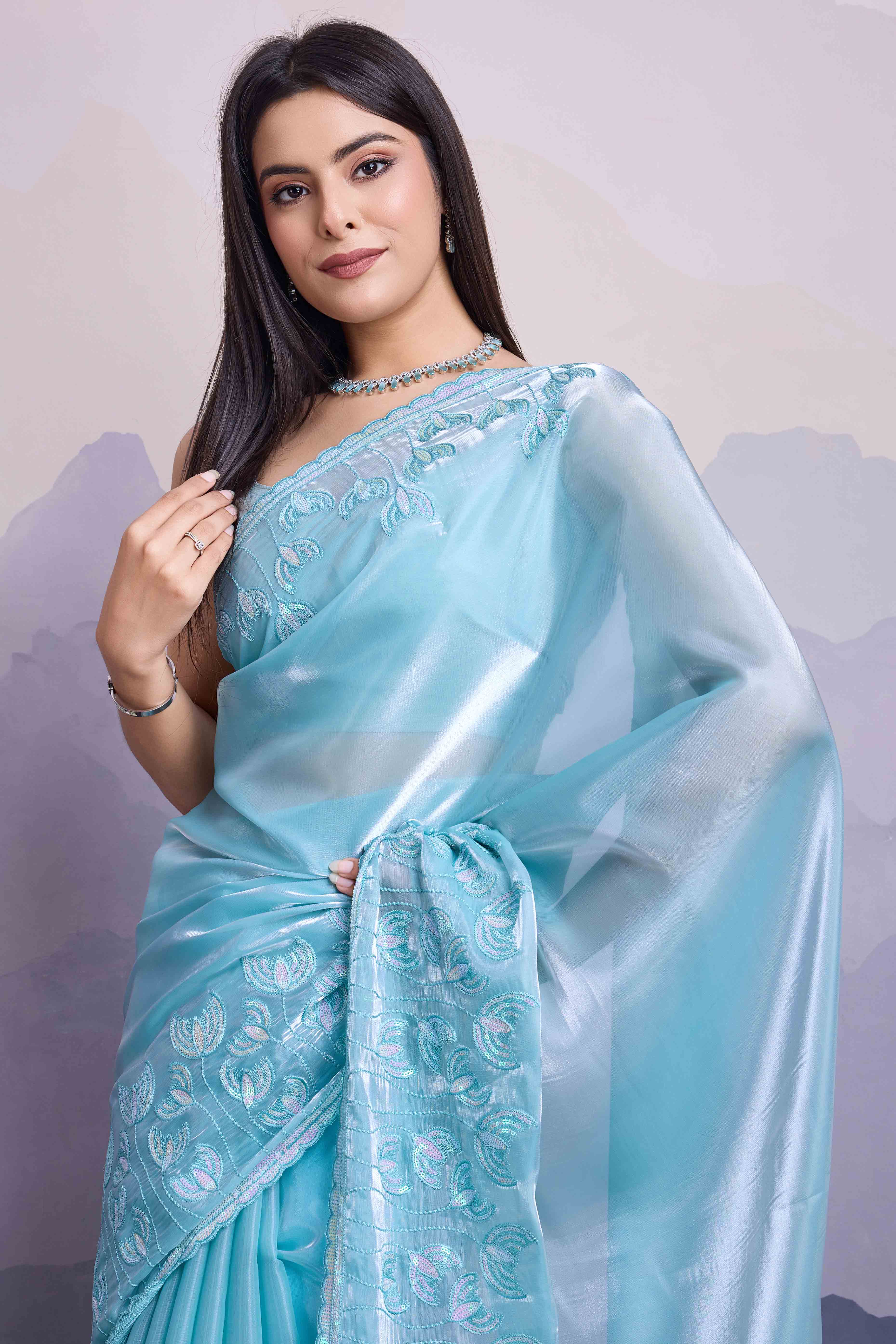 Blue Floral Sequins Embroidered Jimmi Choo Zoya Silk Saree