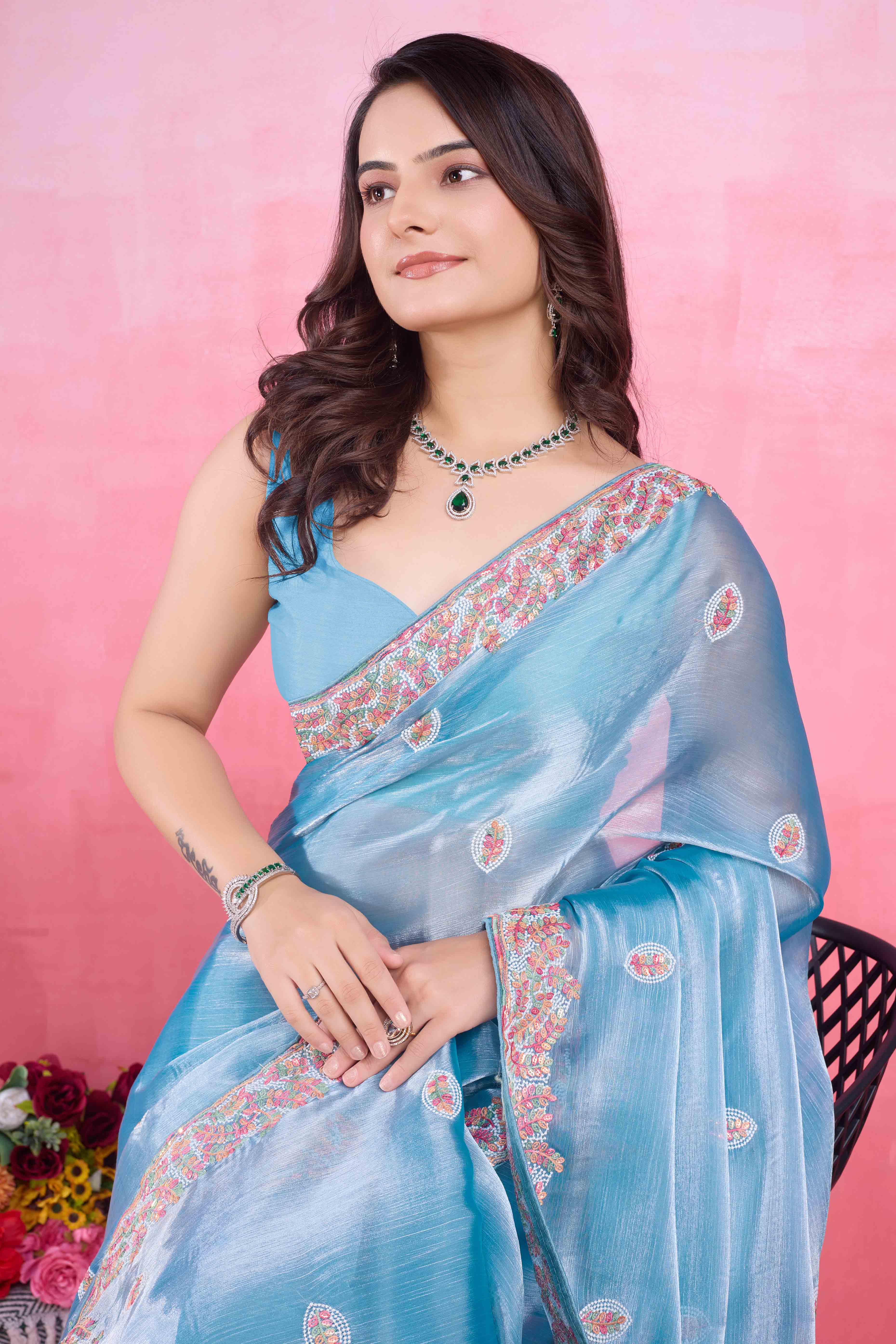 Blue Floral Sequins Embroidered Mulberry Silk Saree