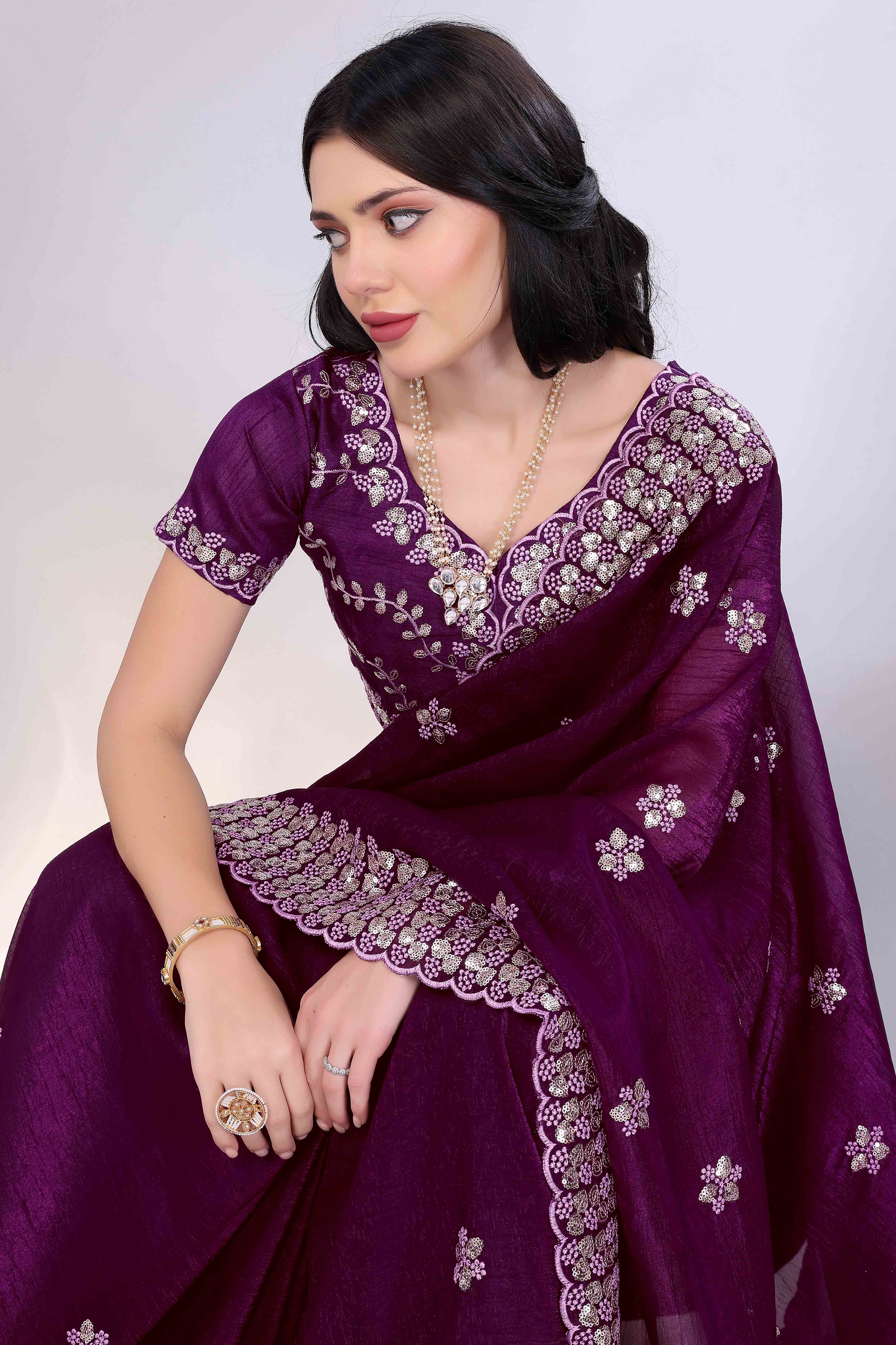 Wine Crunchy Organza Silk Saree Adorned With Intricate Floral Sequins Embroidery