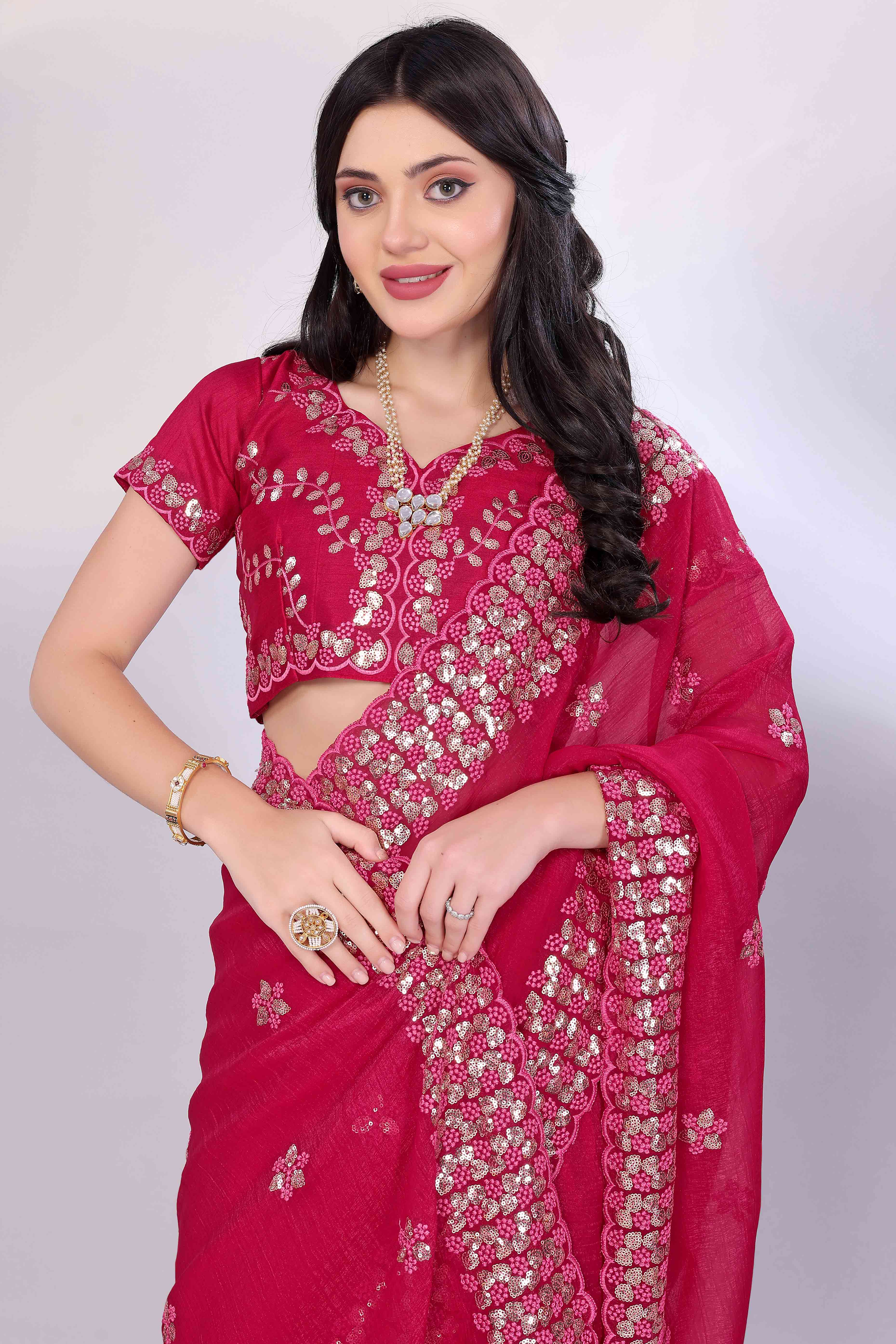 Rani Pink Crunchy Organza Silk Saree Adorned With Intricate Floral Sequins Embroidery