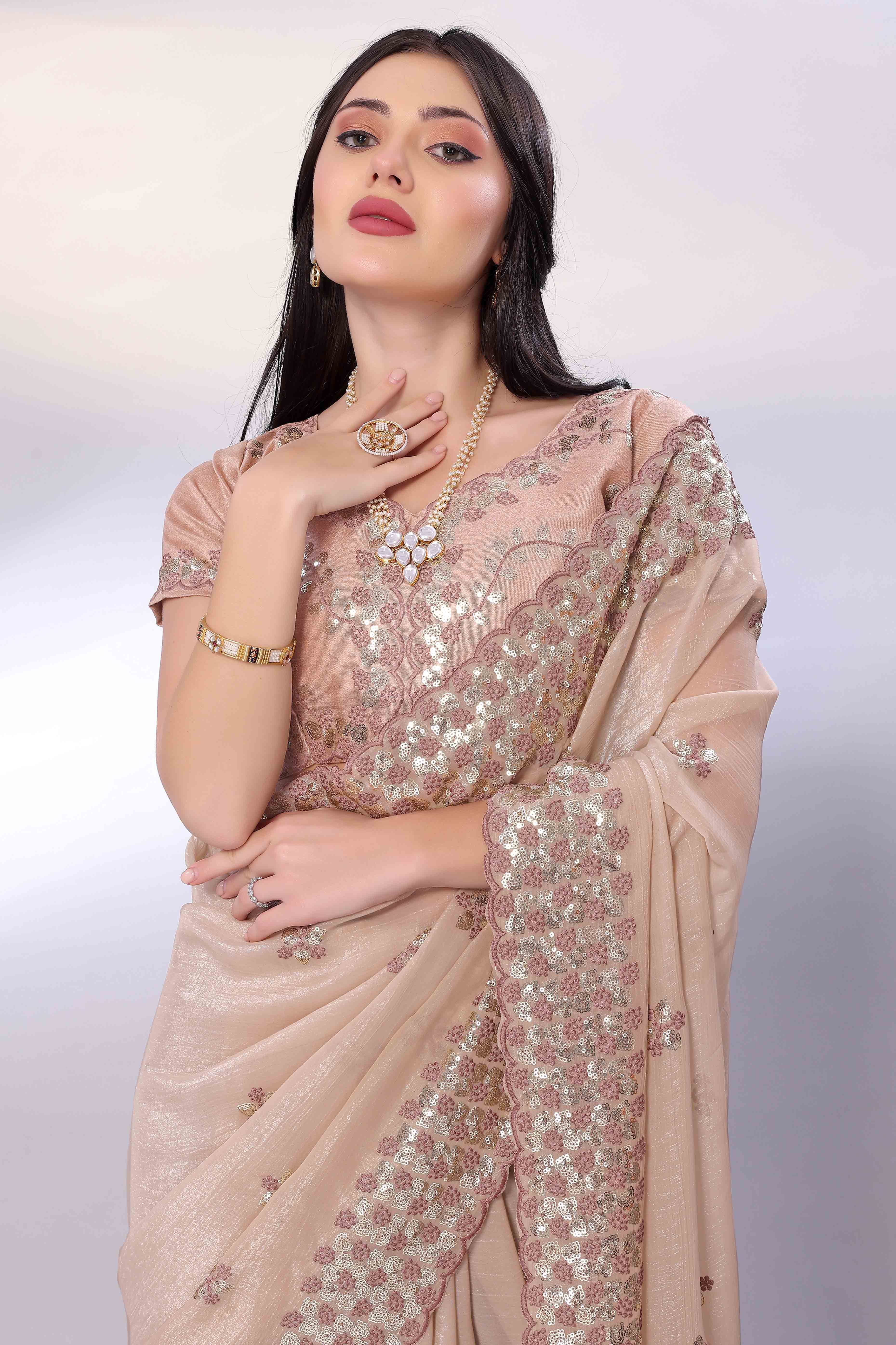 Beige Crunchy Organza Silk Saree Adorned With Intricate Floral Sequins Embroidery