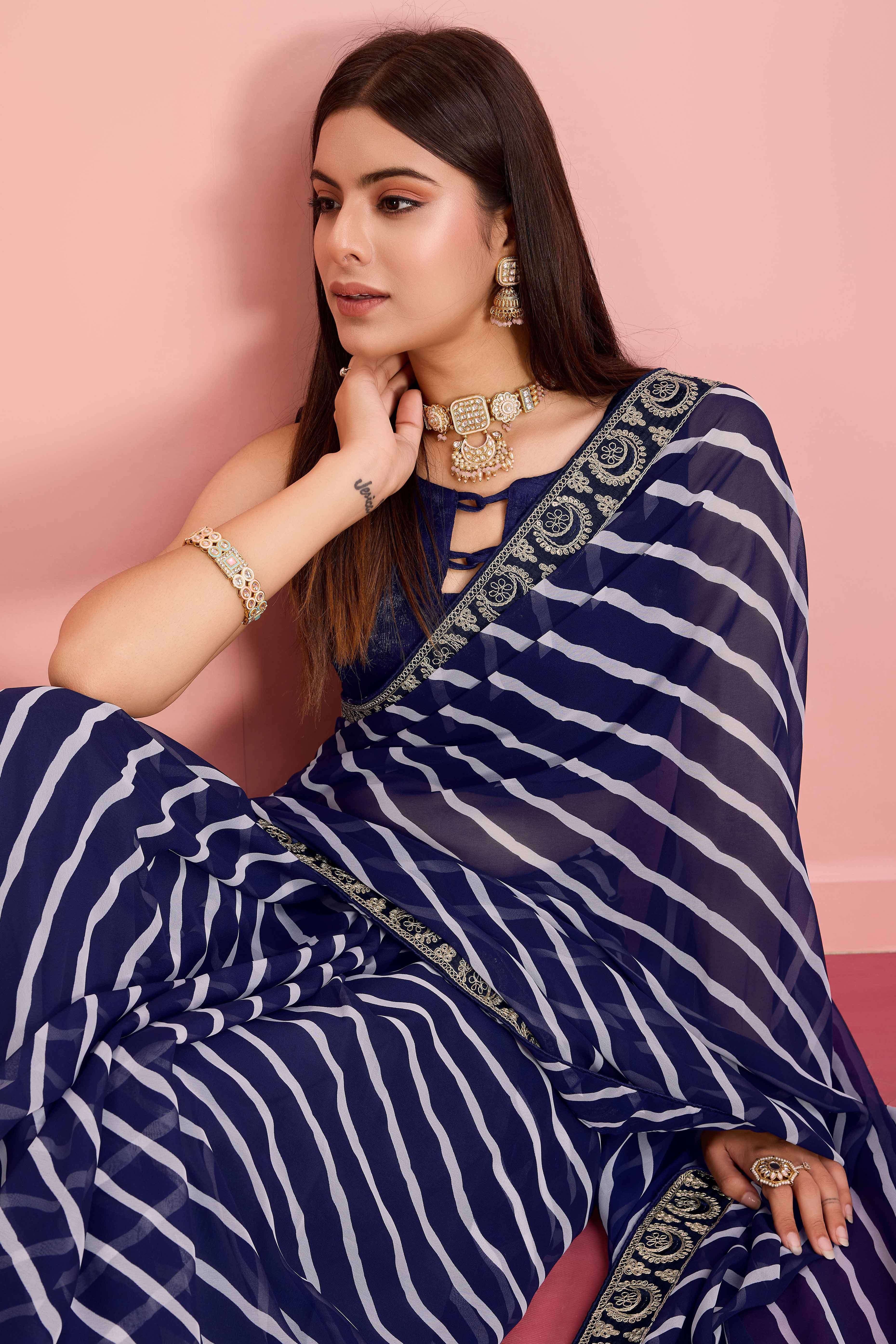 Elegant Blue Leheriya Printed Saree in Flowing Georgette
