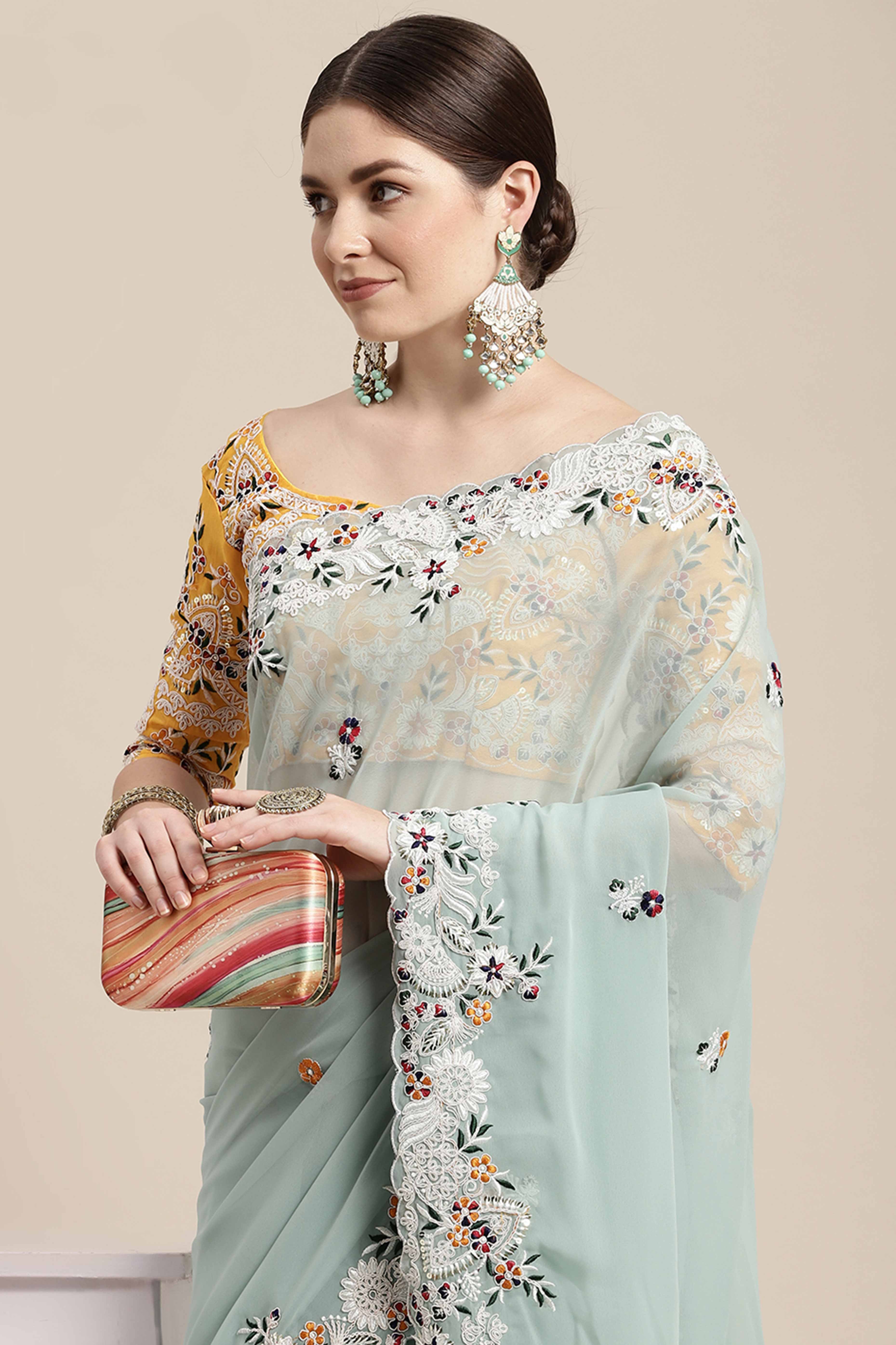 Partywear Mint Green Georgette Saree with Floral Embroidery