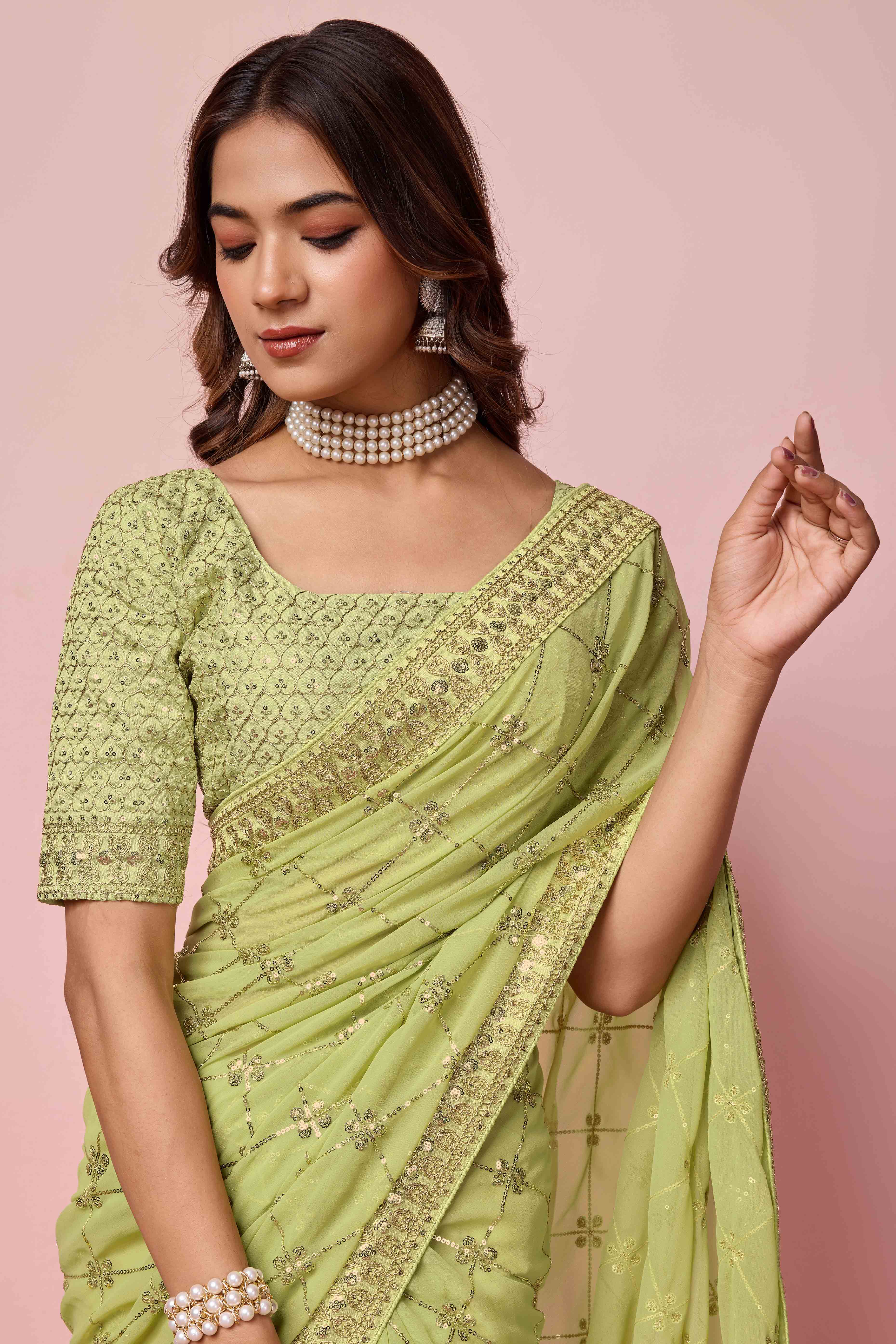 Green Sequins Embroidered Georgette Saree