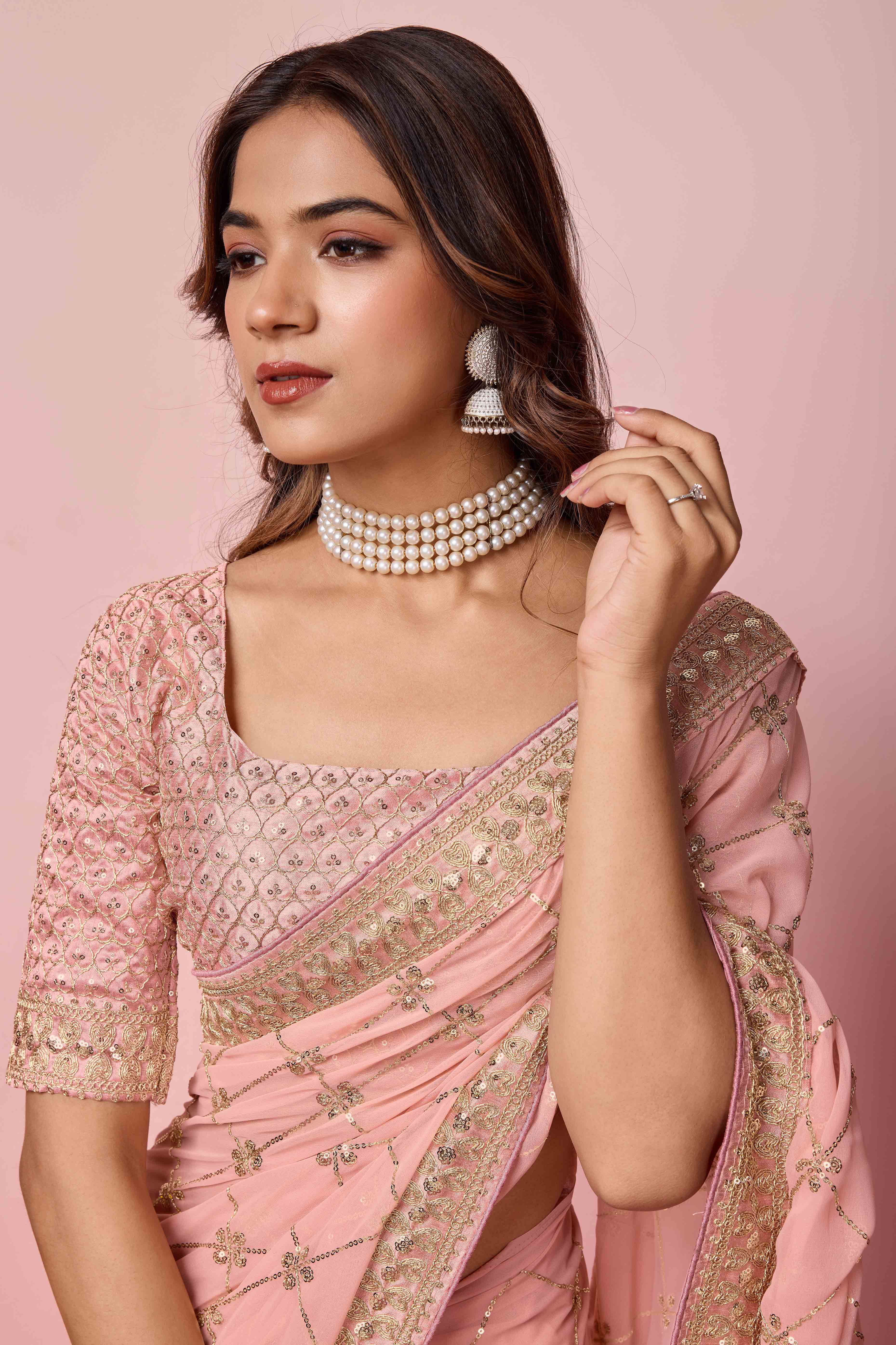 Peach Sequins Embroidered Georgette Saree