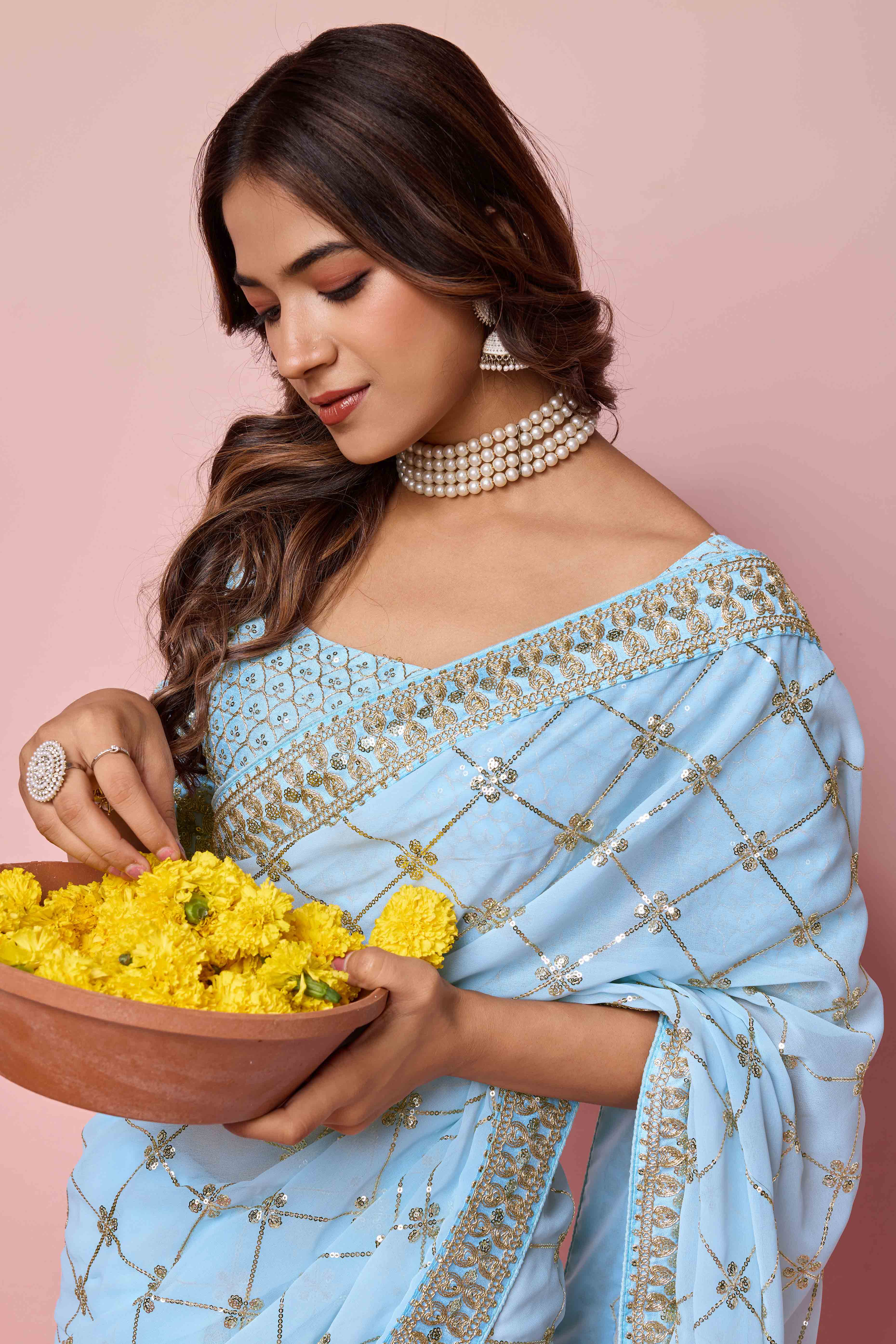 Blue Sequins Embroidered Georgette Saree