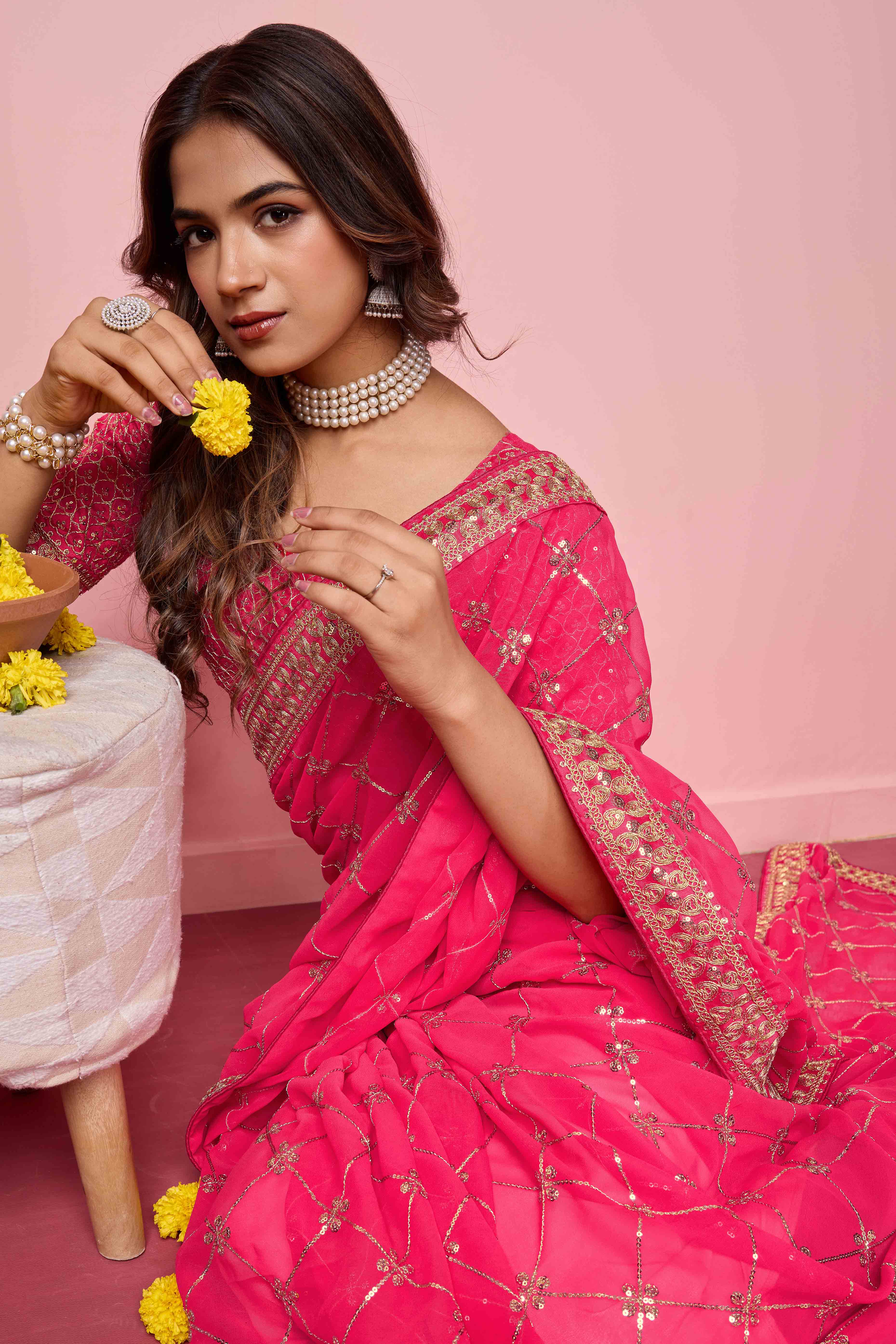 Pink Sequins Embroidered Georgette Saree