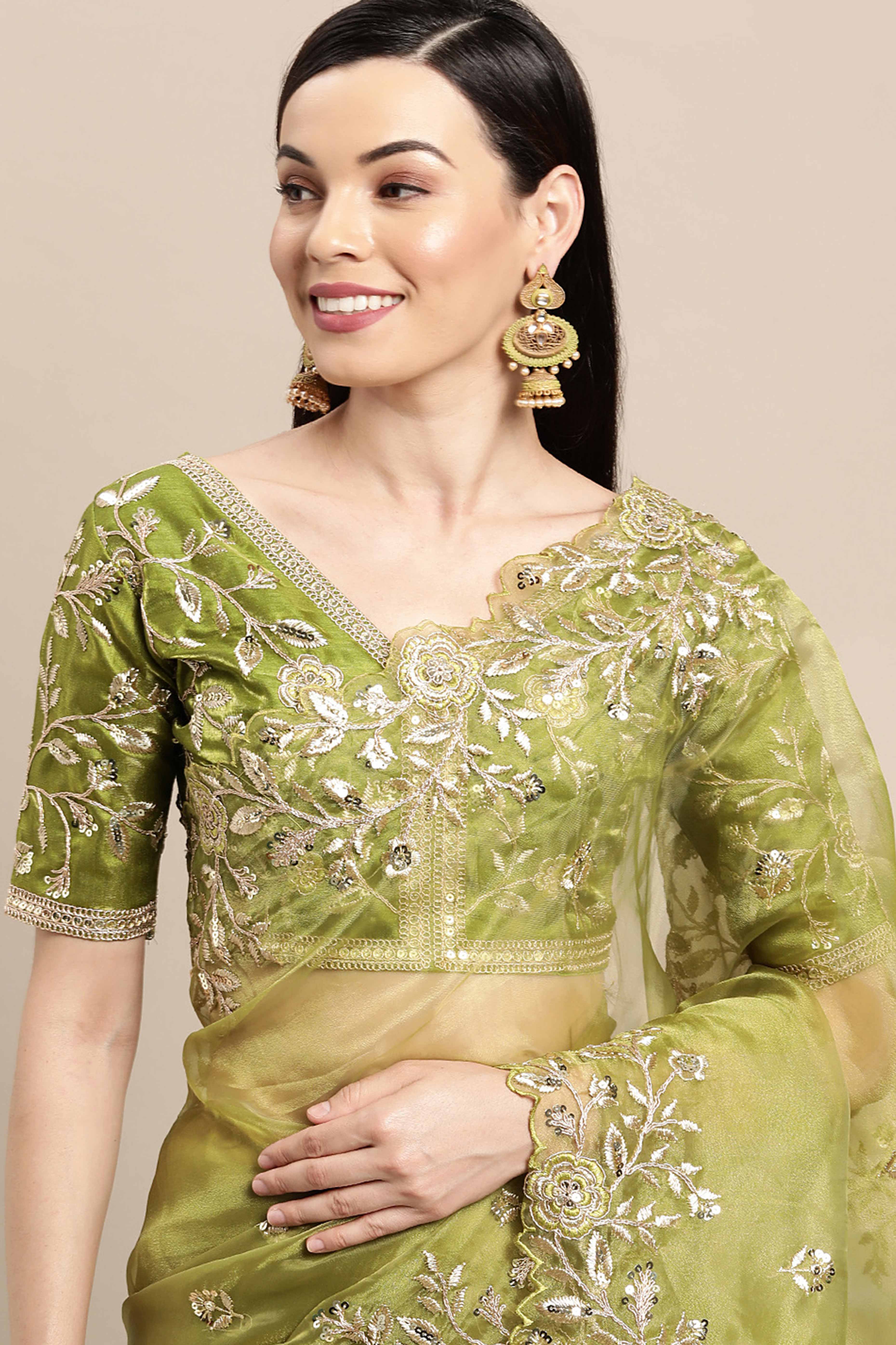 Organza Partywear Saree in Mehendi Green with Floral Embroidery