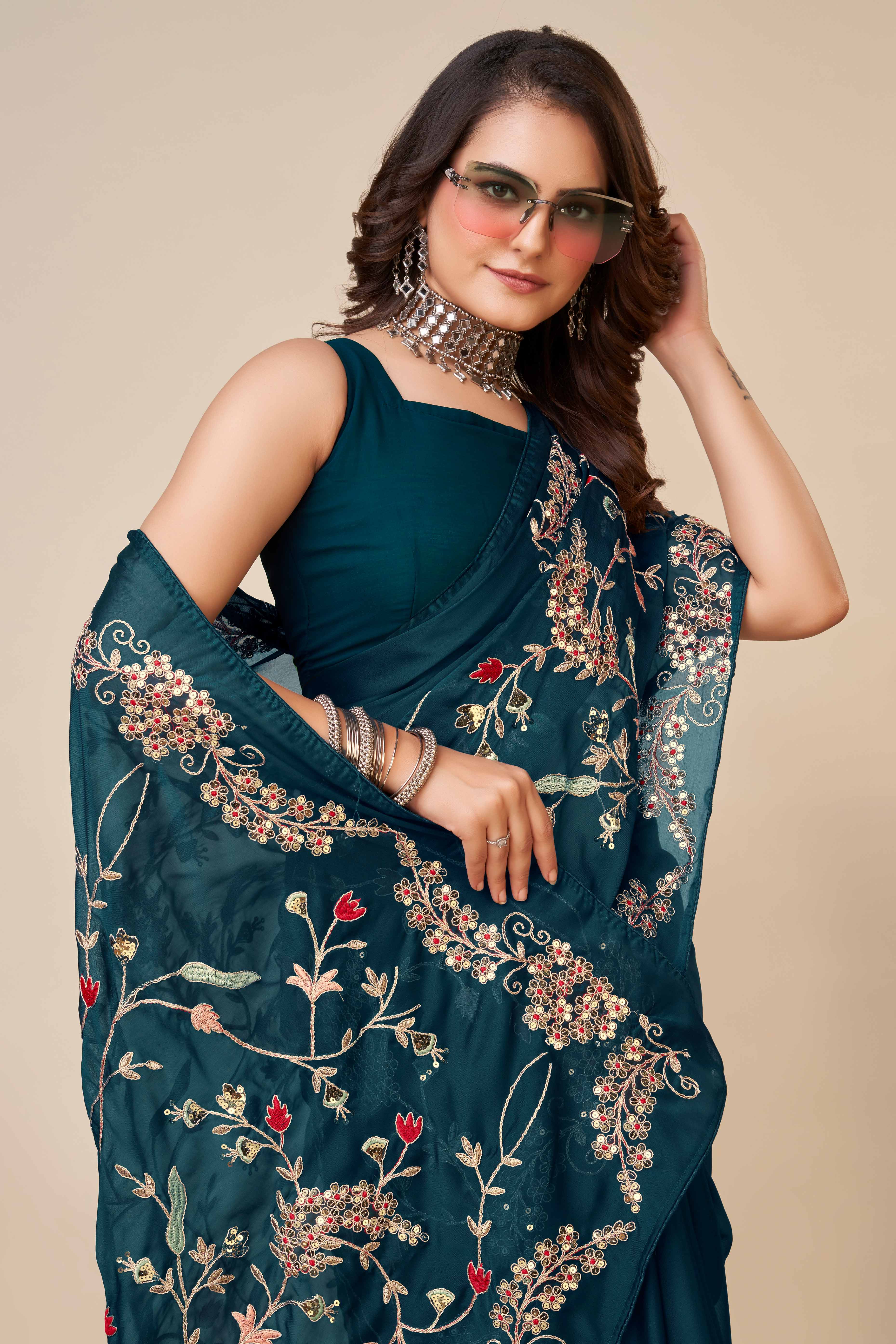 Teal Rangoli Art Silk Saree Featuring Intricate Floral Cording Embroidery & Sparkling Sequin Work