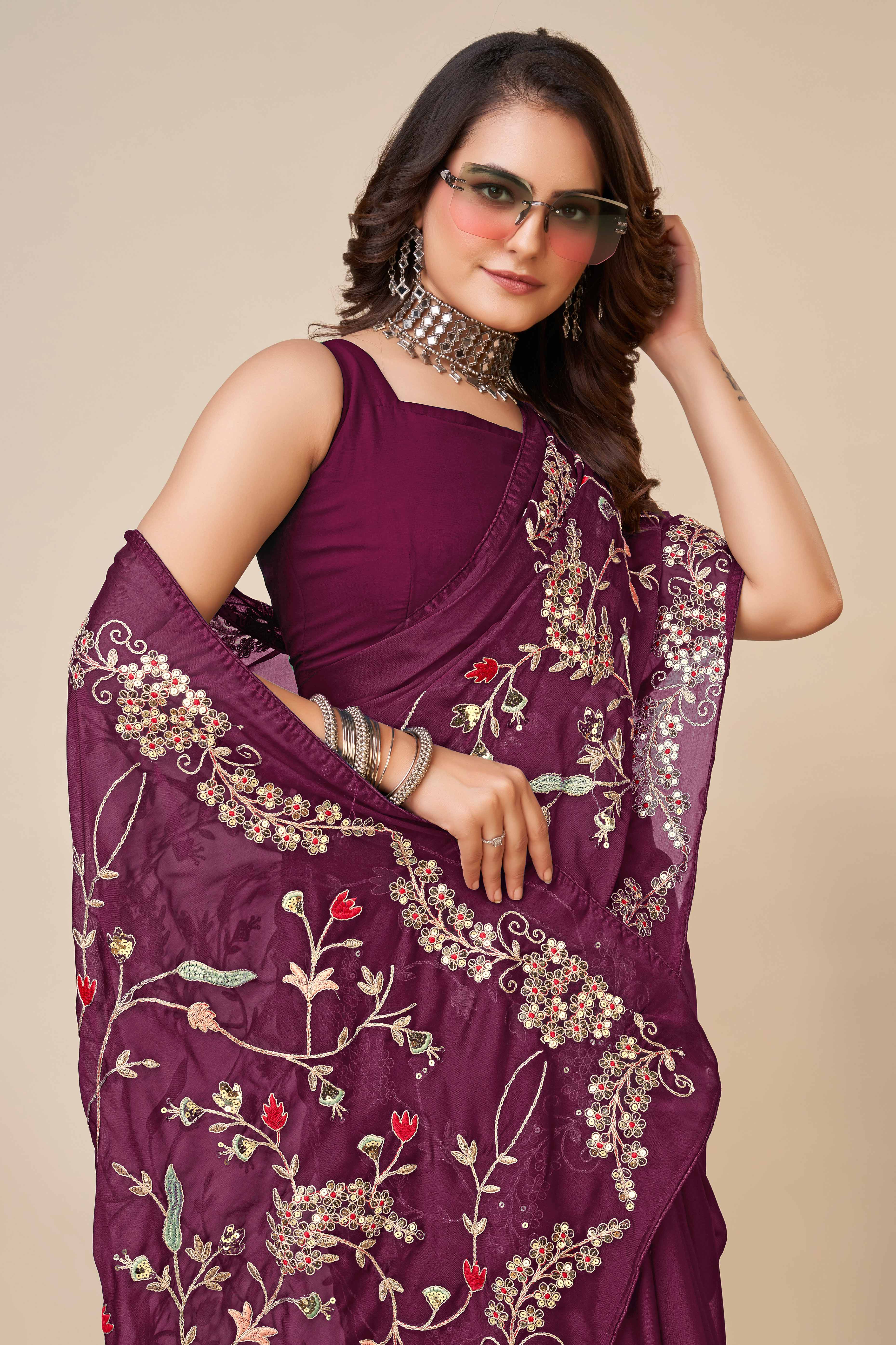 Wine Rangoli Art Silk Saree Featuring Intricate Floral Cording Embroidery & Sparkling Sequin Work