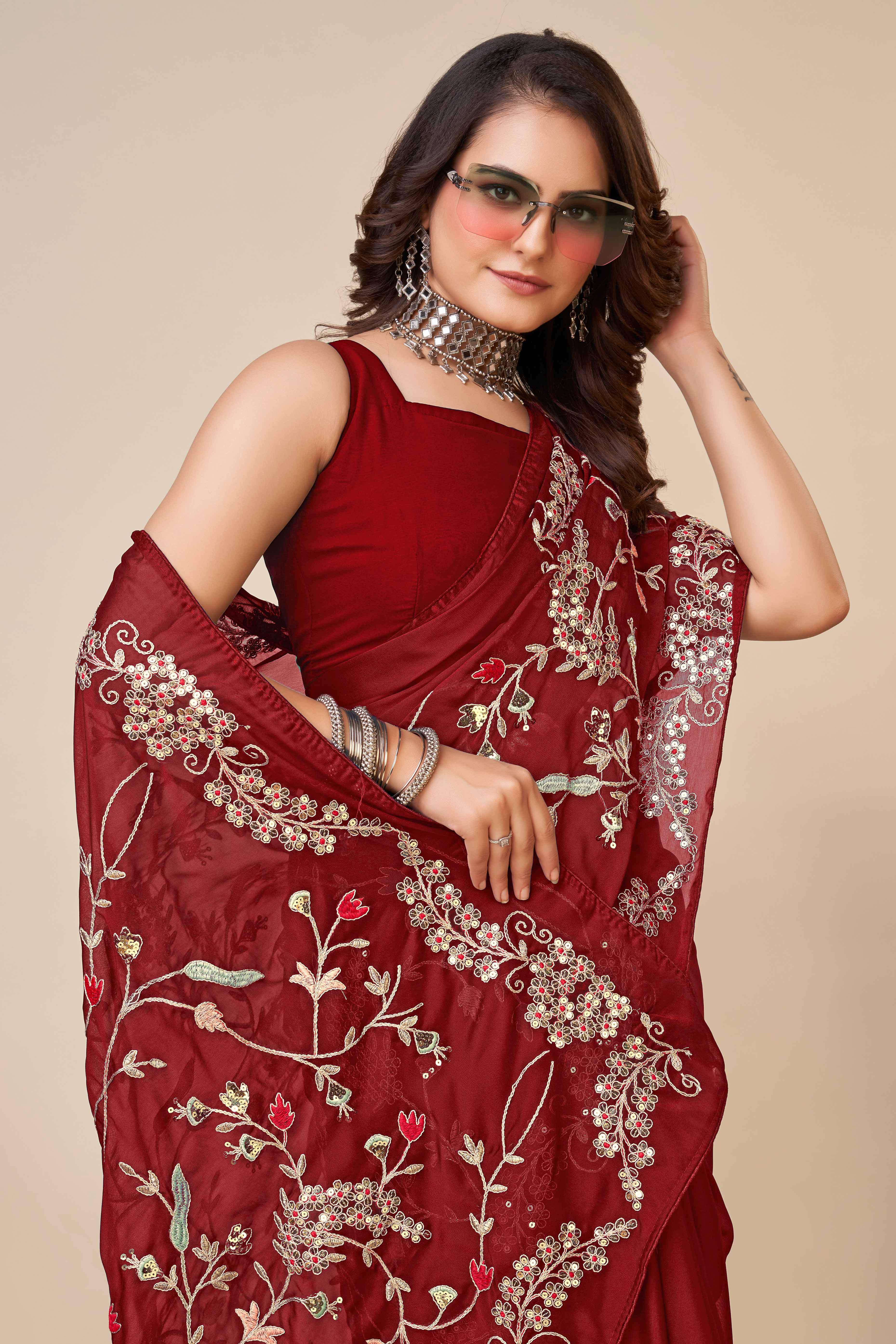Maroon Rangoli Art Silk Saree Featuring Intricate Floral Cording Embroidery & Sparkling Sequin Work