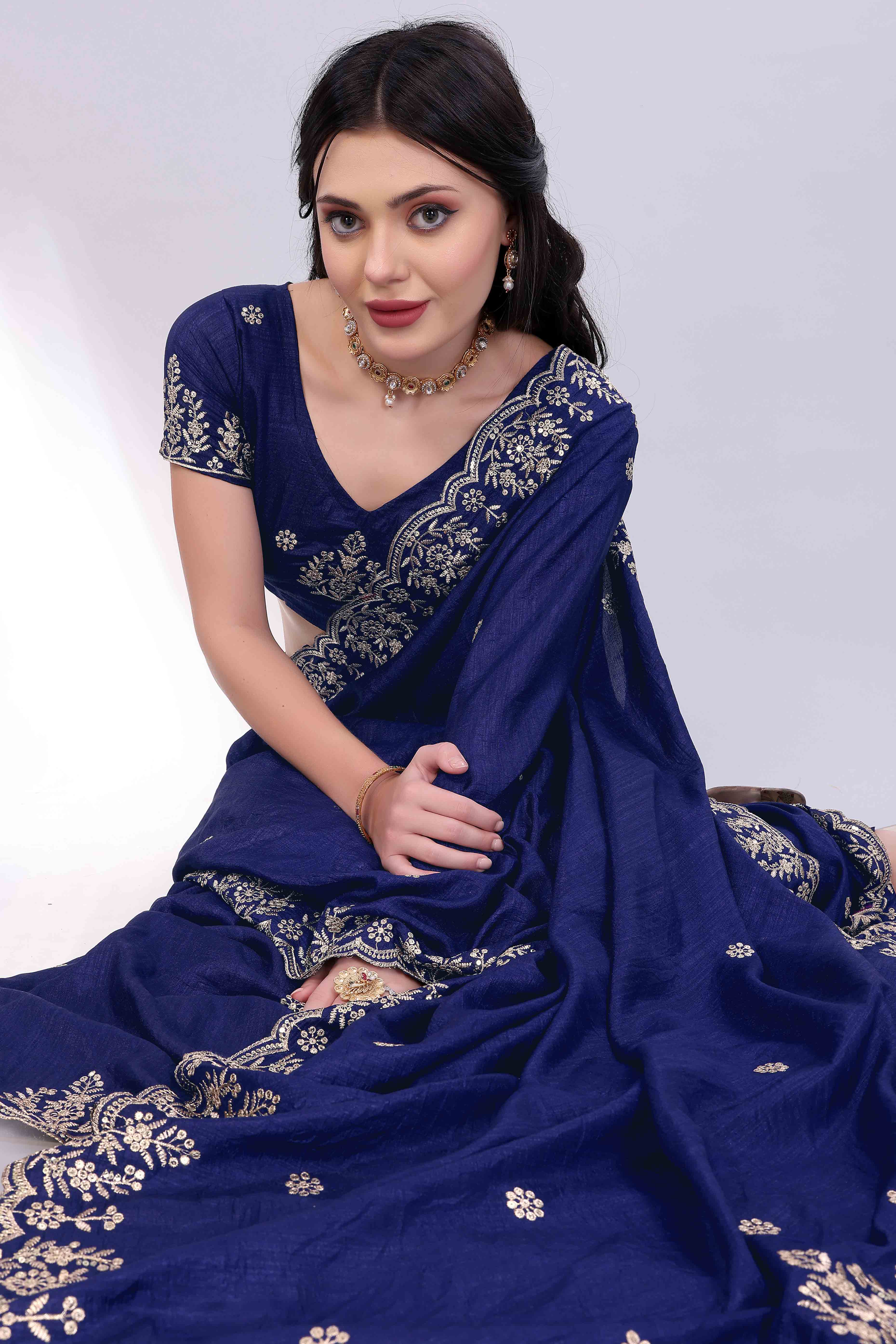 Blue Zari Embroidered Saree In Vichitra Silk With Shimmering Floral Sequins Work