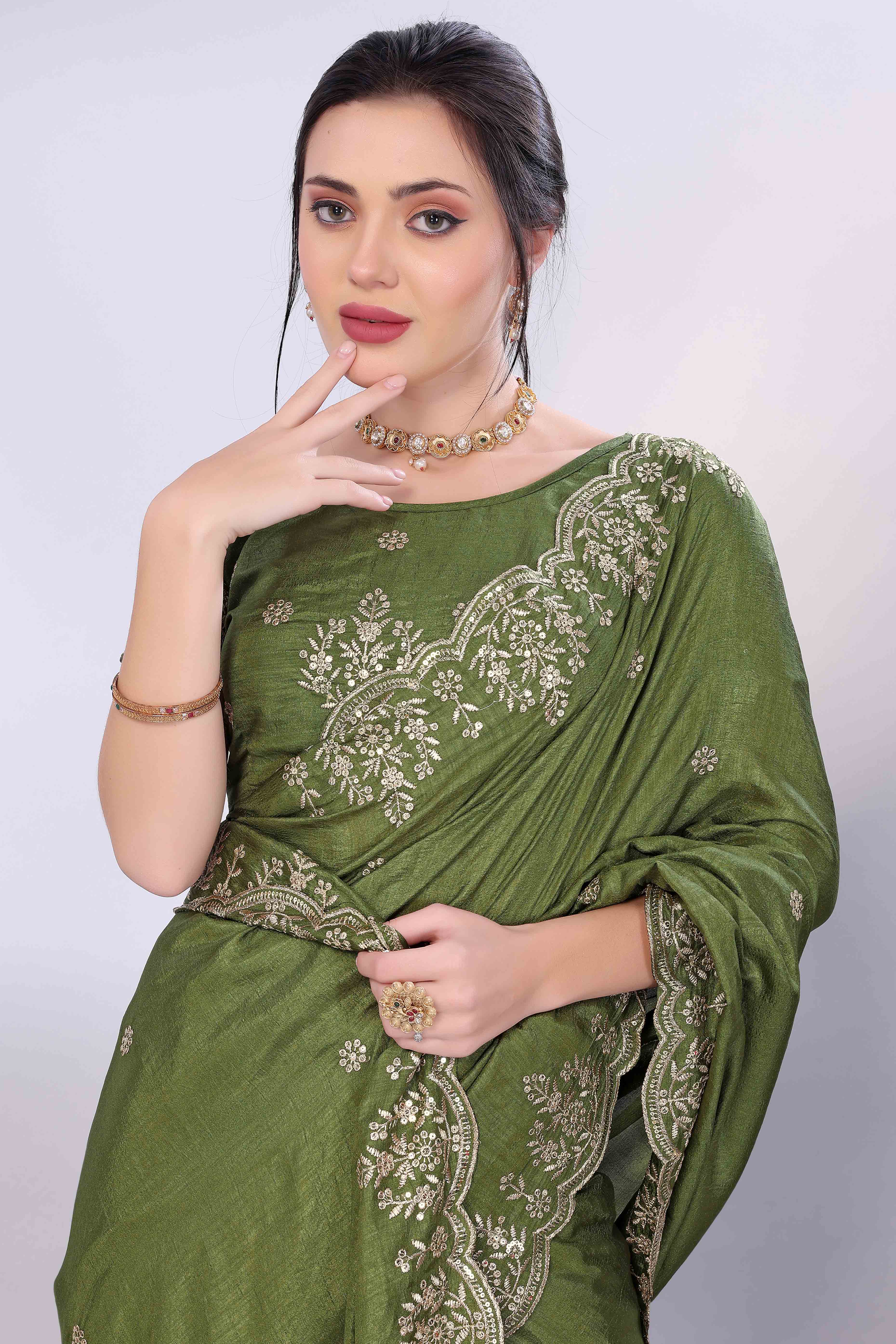Green Zari Embroidered Saree In Vichitra Silk With Shimmering Floral Sequins Work