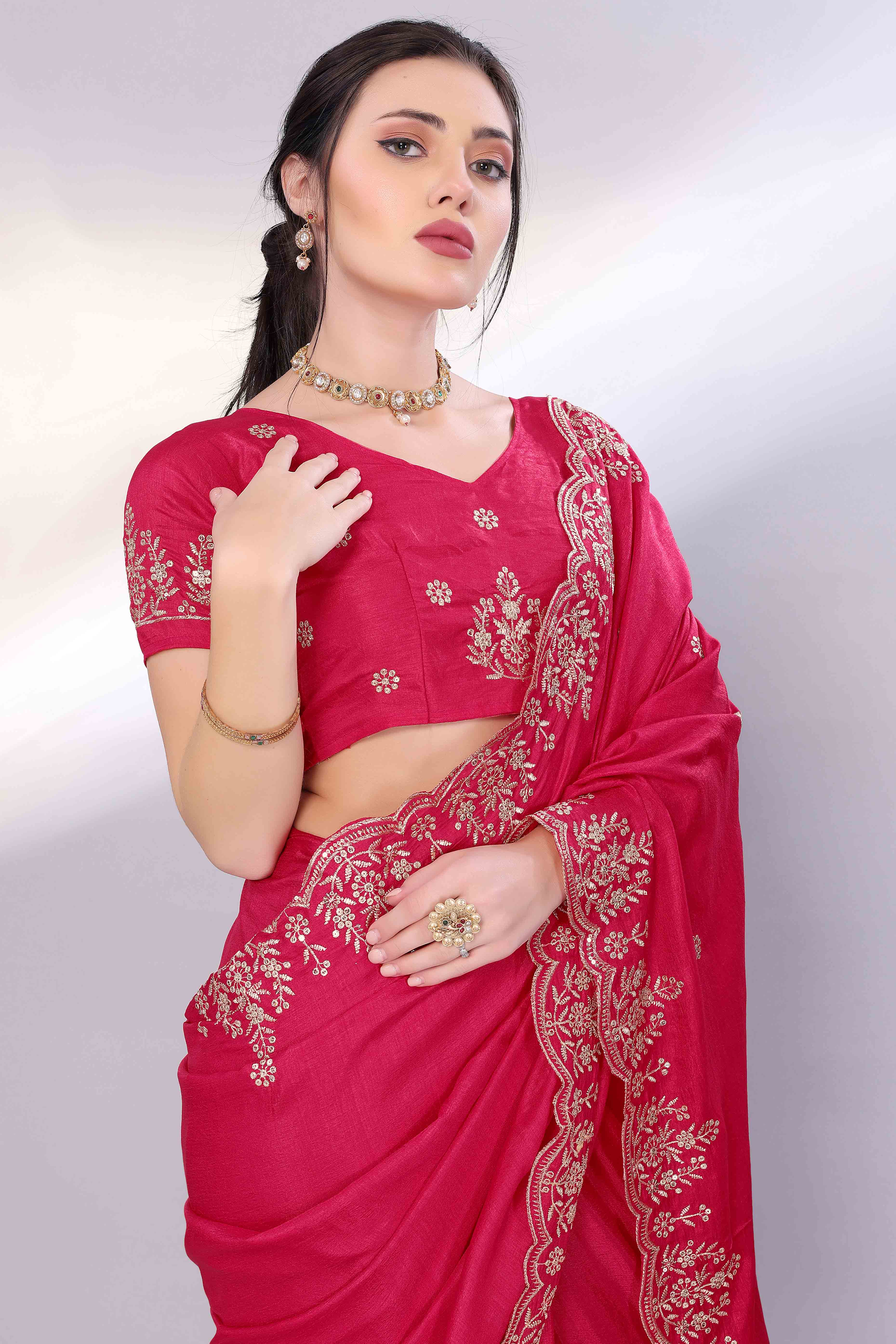Pink Zari Embroidered Saree In Vichitra Silk With Shimmering Floral Sequins Work