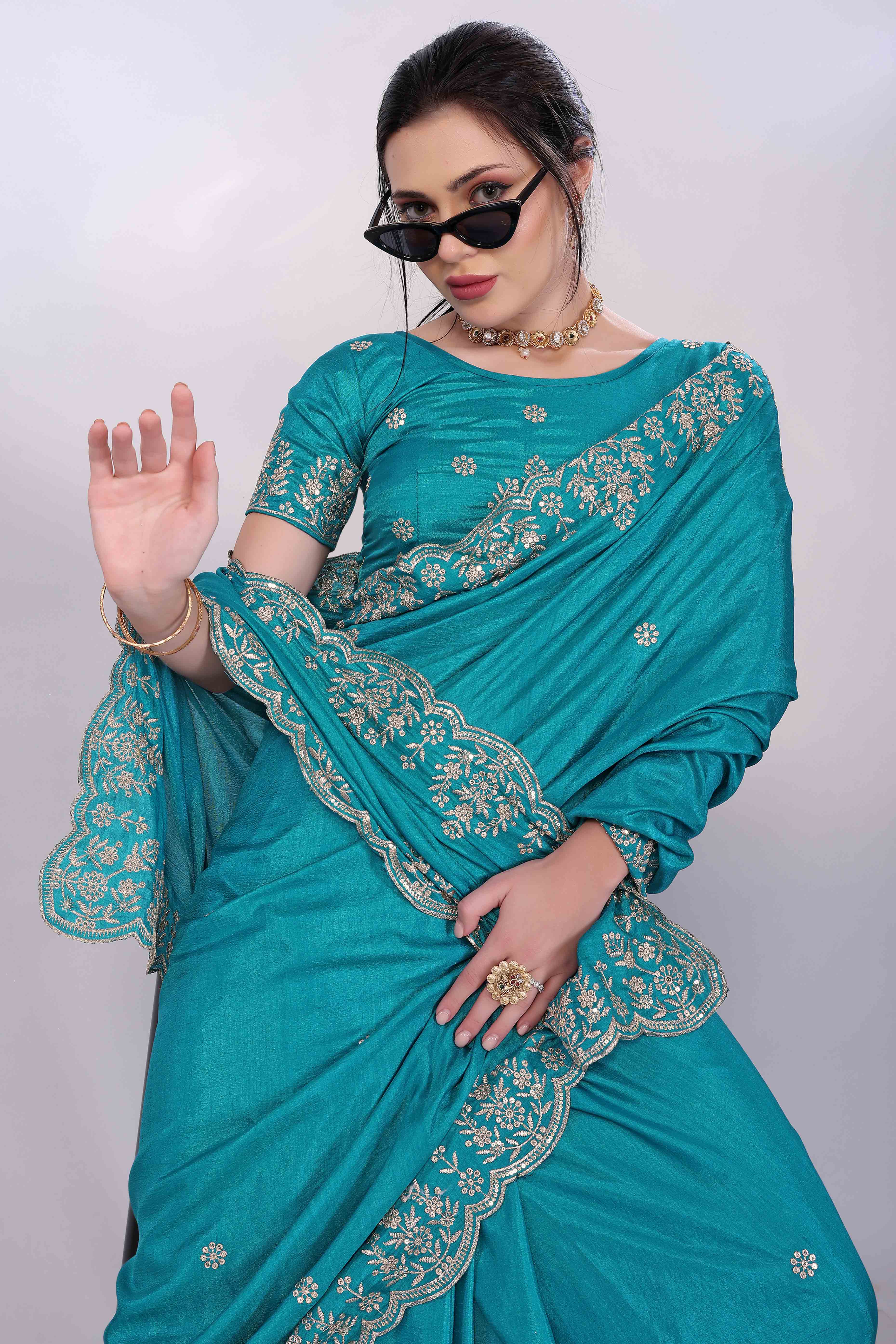 Turquoise Zari Embroidered Saree In Vichitra Silk With Shimmering Floral Sequins Work