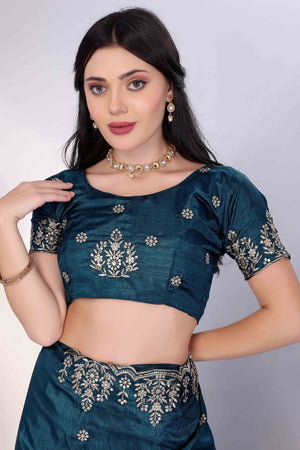 Morpich Blue Zari Embroidered Saree In Vichitra Silk With Shimmering Floral Sequins Work