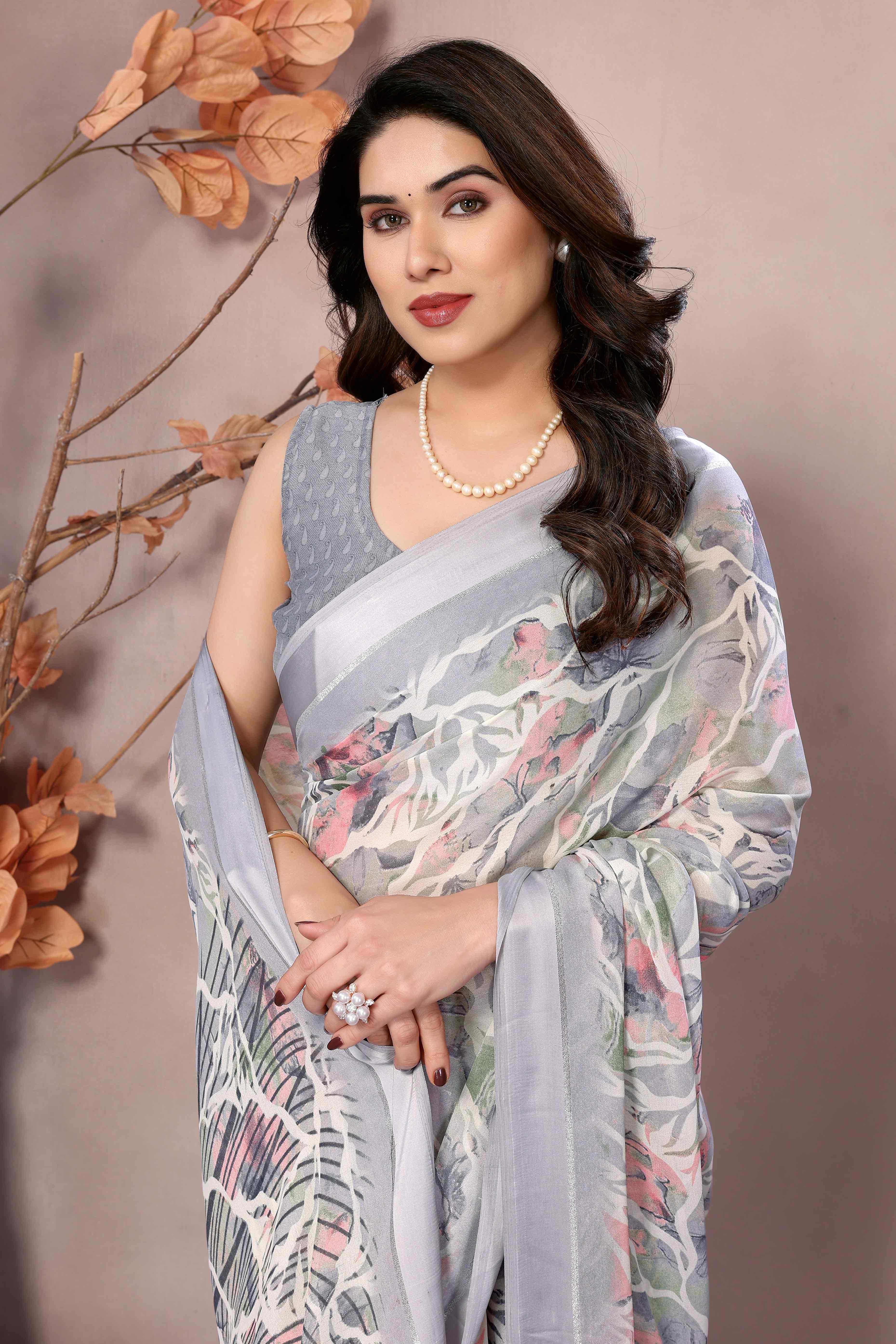 Grey Floral Printed Moss Art Silk Saree