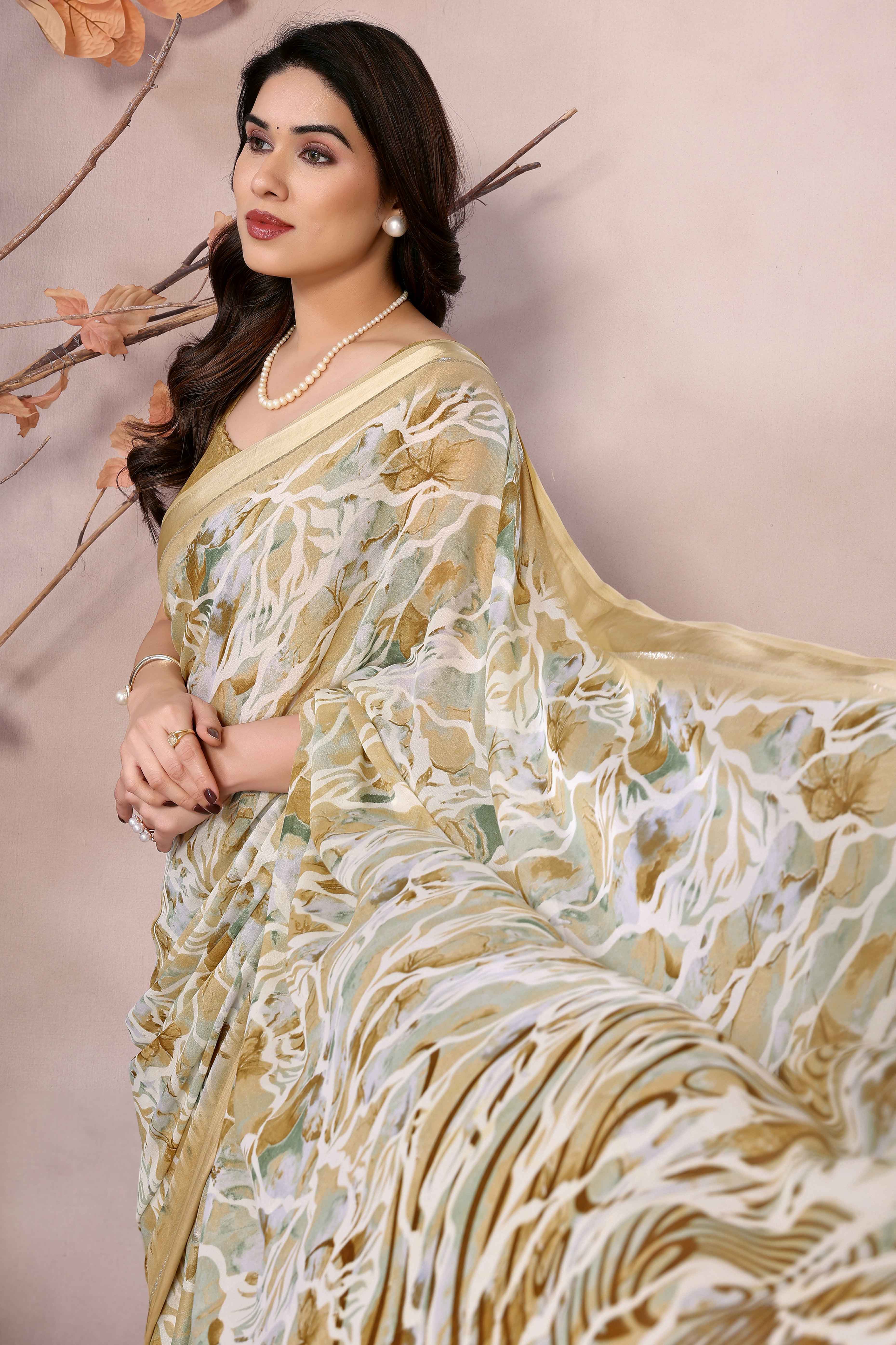 Dark Mustard Floral Printed Moss Art Silk Saree