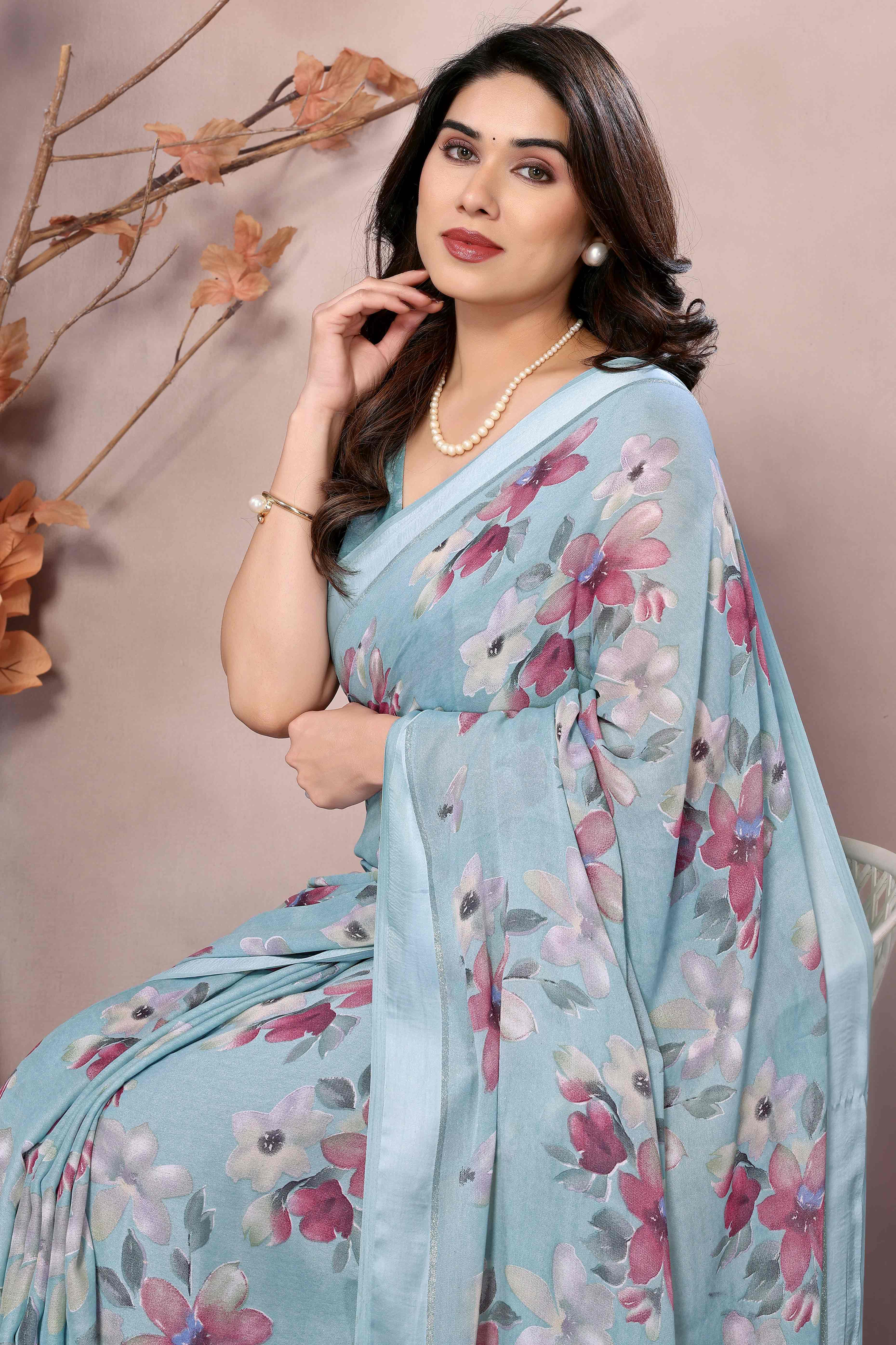 Blue Floral Printed Moss Art Silk Saree