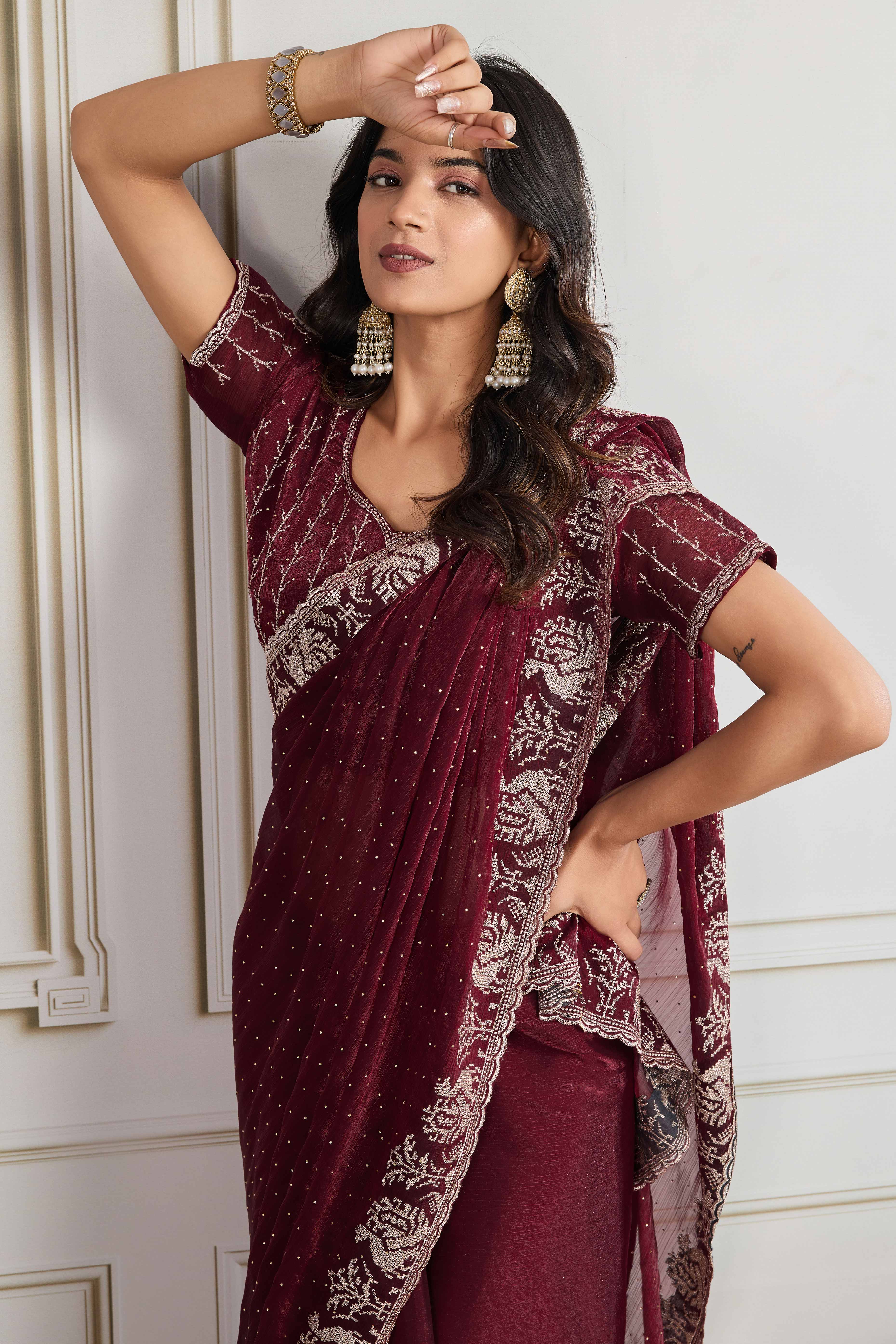 Maroon Festive Wear Silk Blend Saree with Embroidery & Stones
