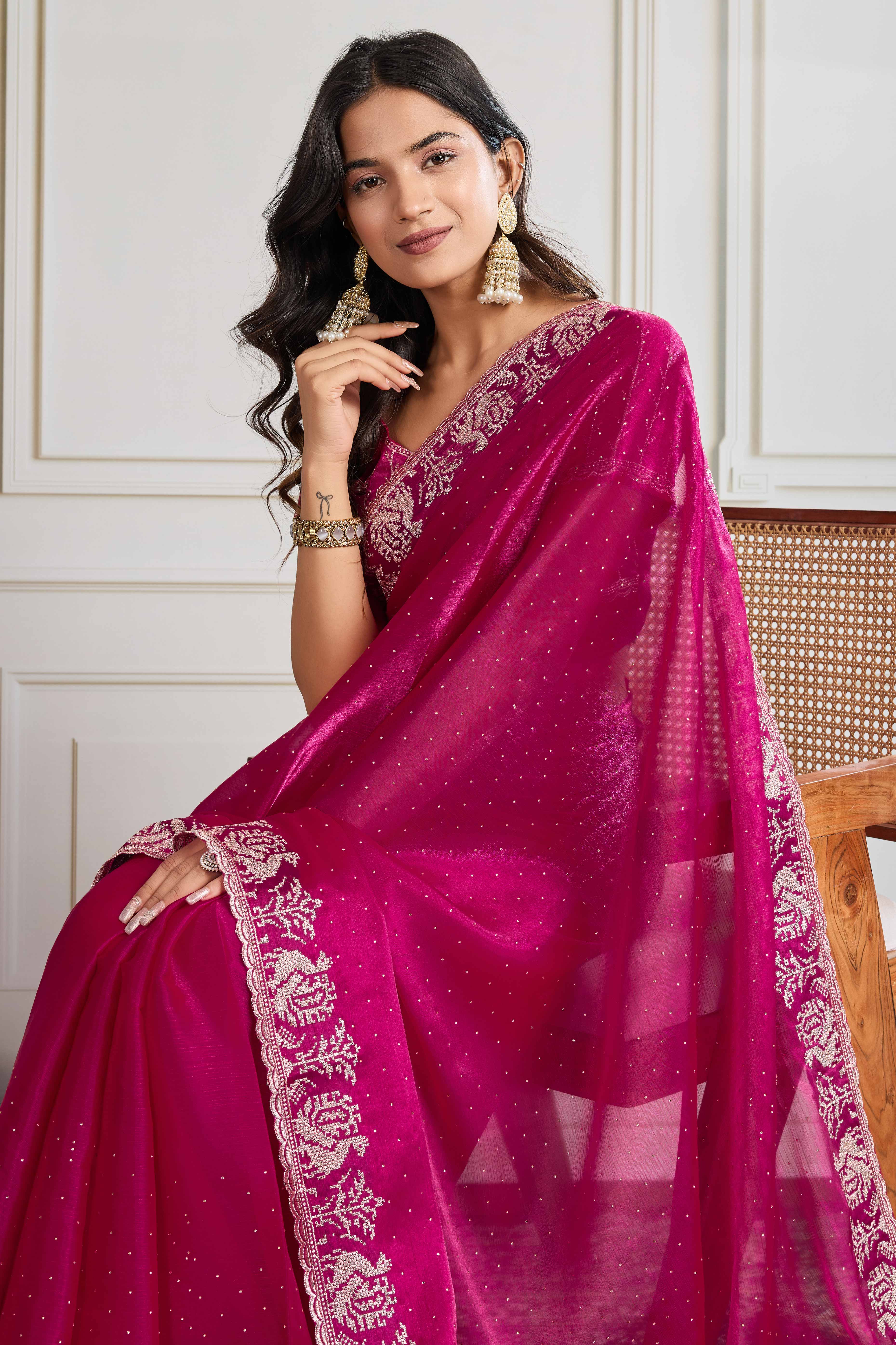 Pink Festive Wear Silk Blend Saree with Embroidery & Stones