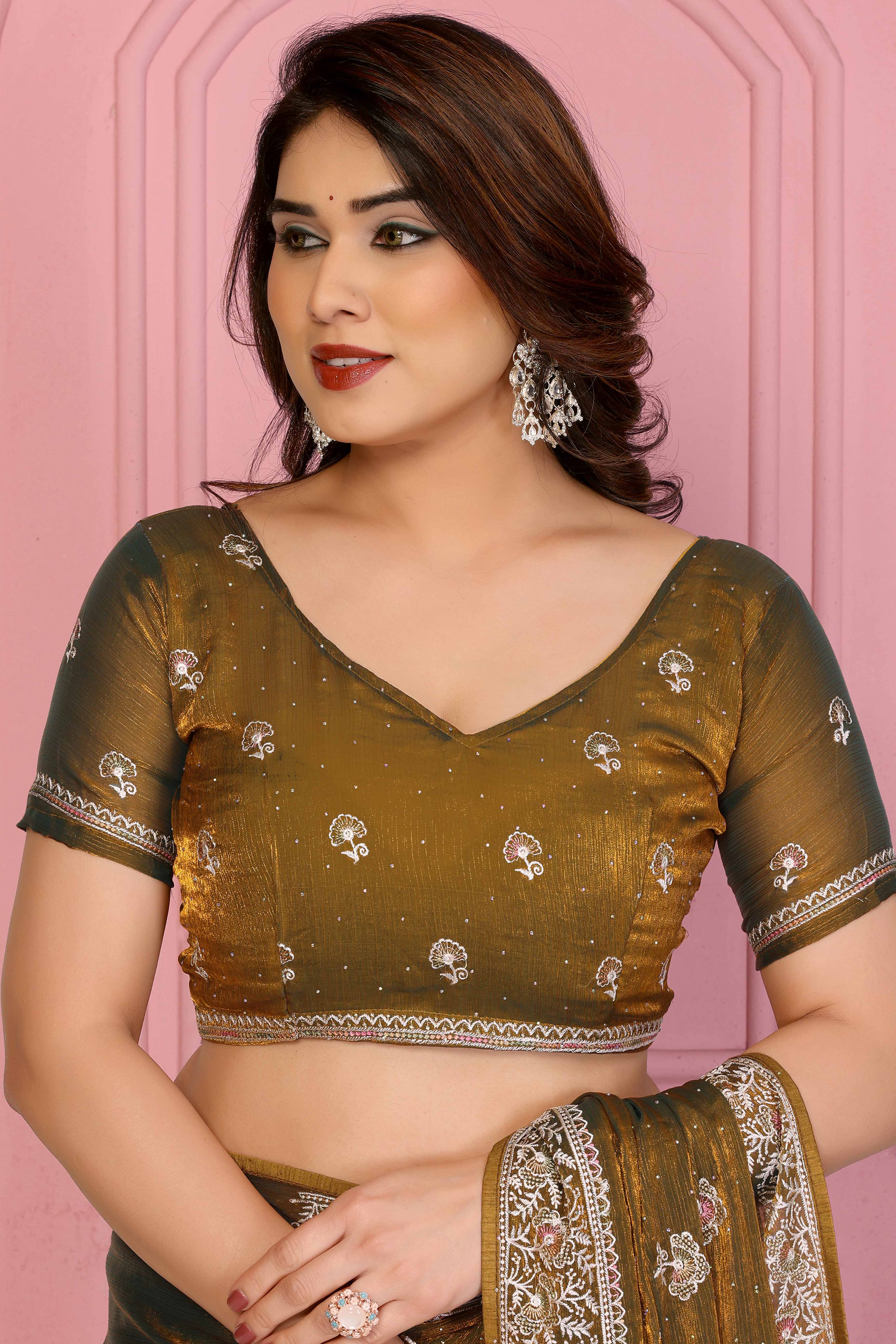 Olive Chiffon Saree with Intricate Embroidery and Floral Patterns