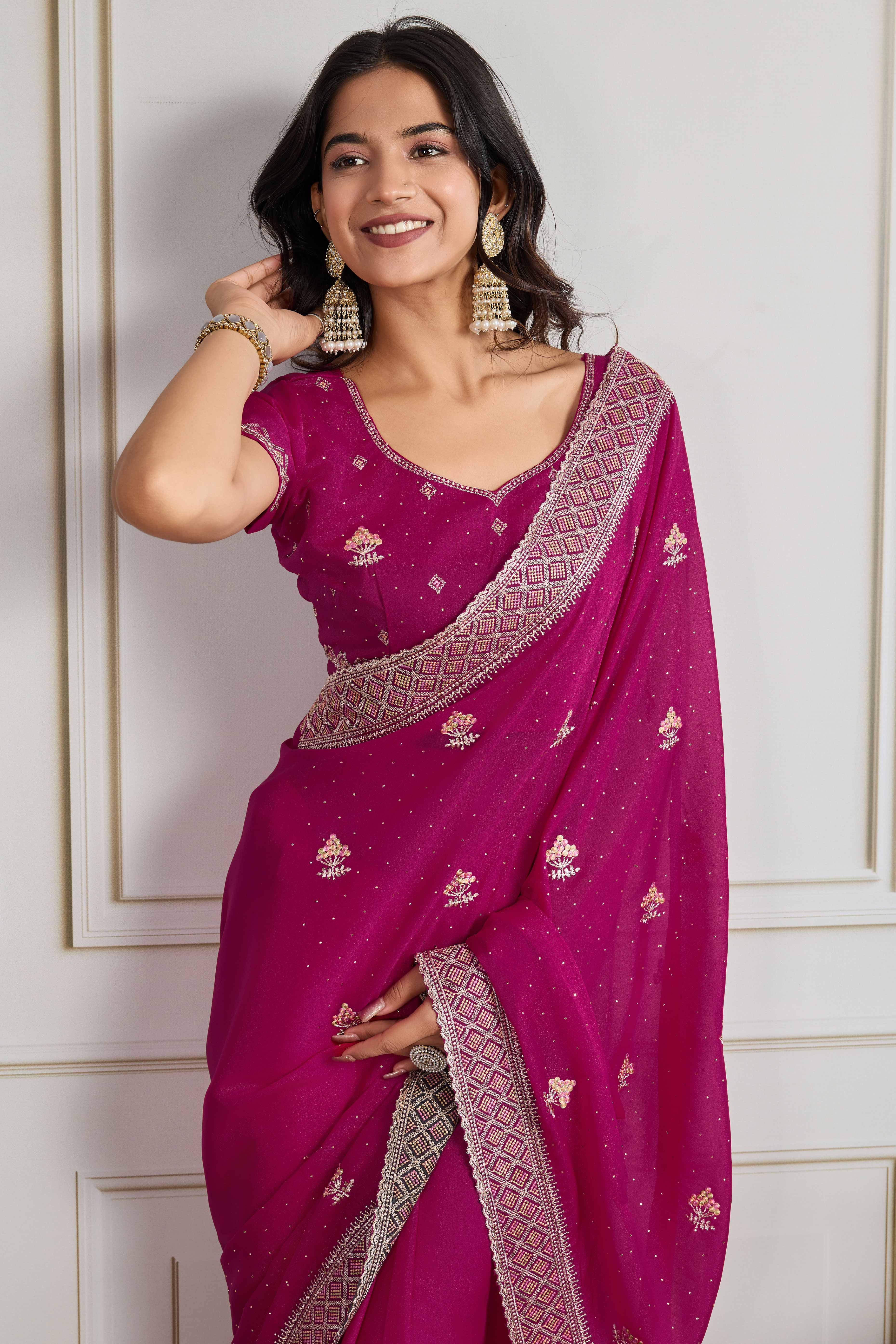 Pink Georgette Saree Featuring Embroidered and Stone Work