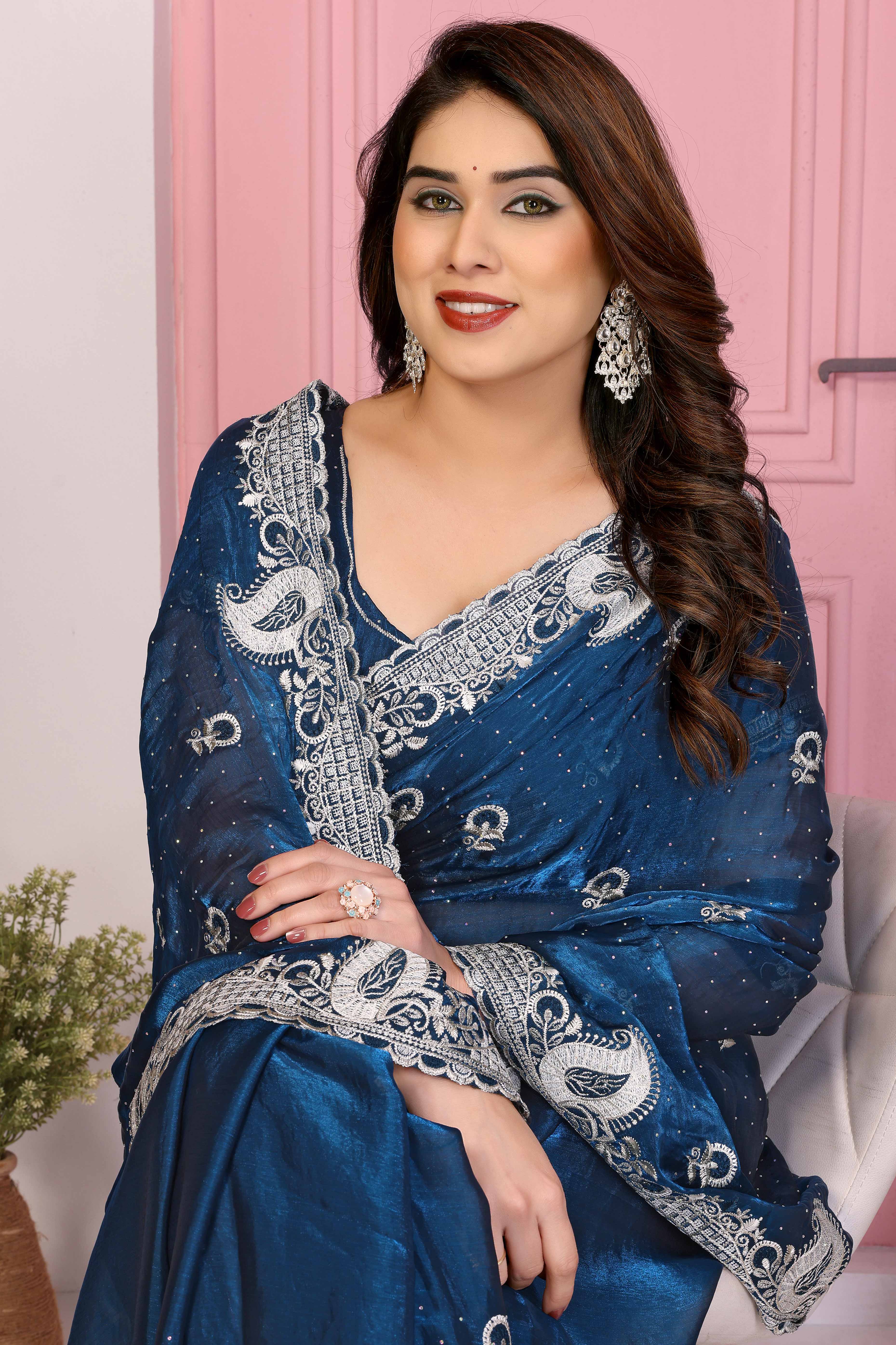Blue Chiffon Saree Featuring Floral Thread Embroidery With Stone Embellishments