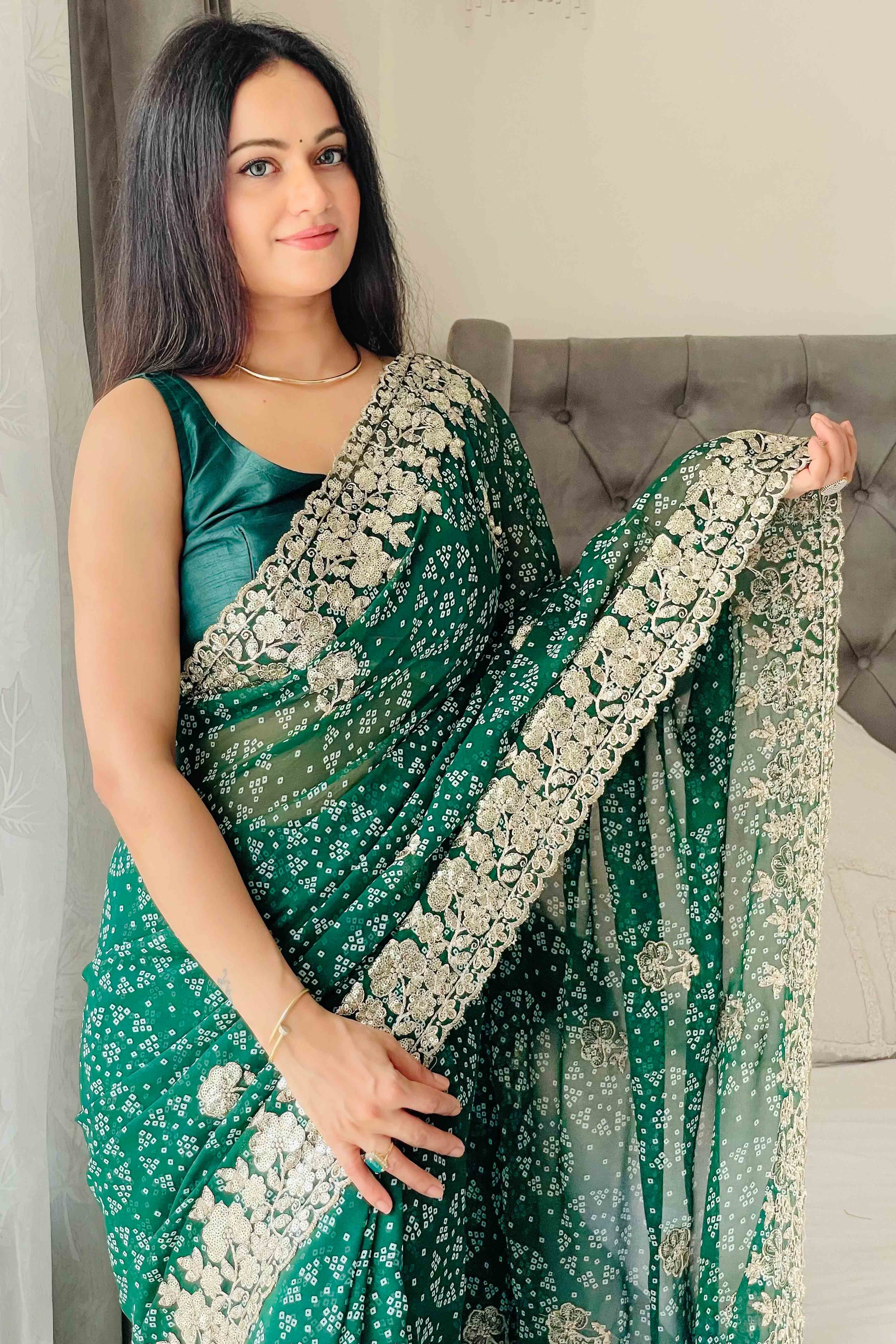 Green Bandhani Printed Georgette Saree With Dazzling Floral Sequin Embroidery