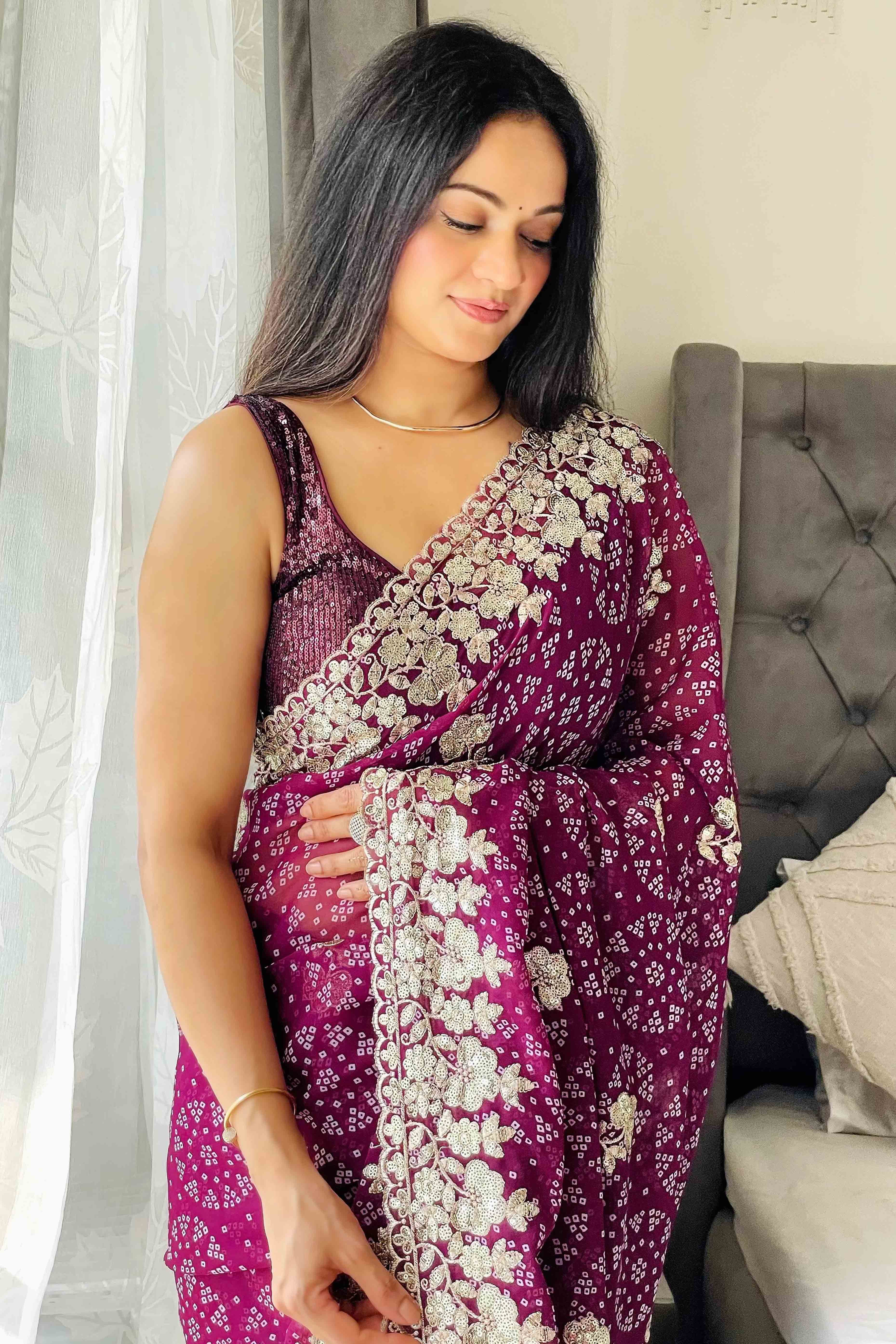 Deep Magenta Bandhani Printed Georgette Saree With Dazzling Floral Sequin Embroidery