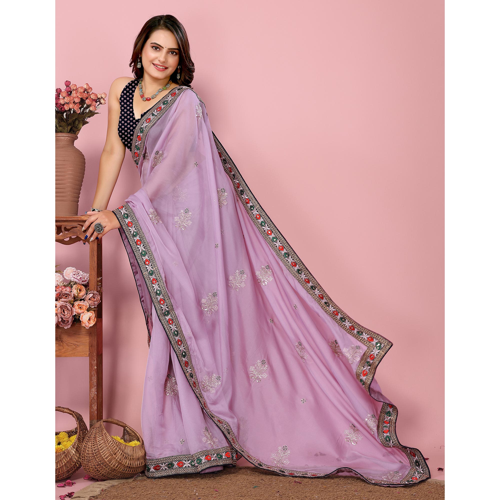 Lavender Floral Sequins Embroidered Organza Saree